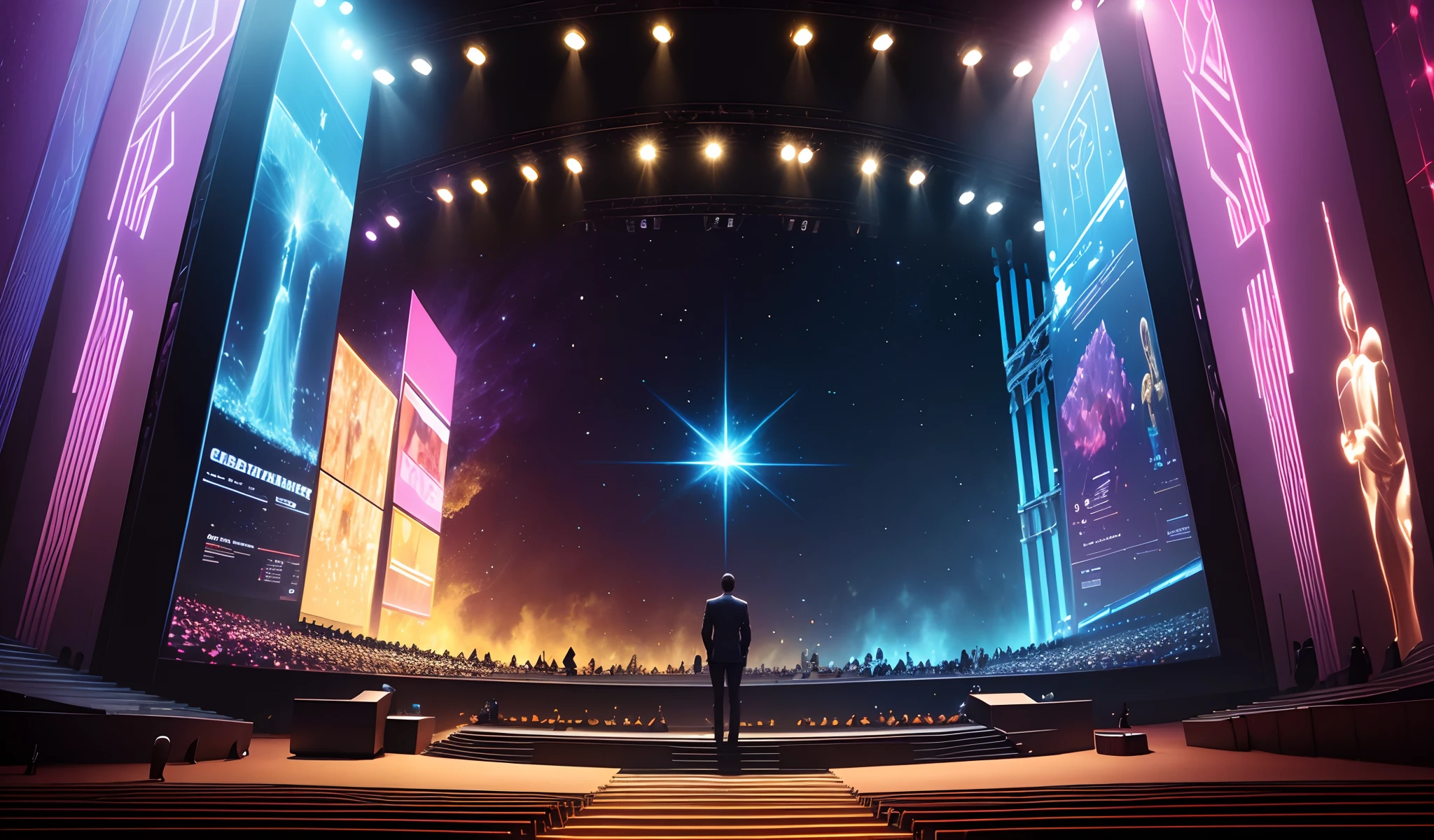 Dreamy, colorful, brilliant, high-tech LED screen, cool, avant-garde, celebration of elements Oscars, stage design