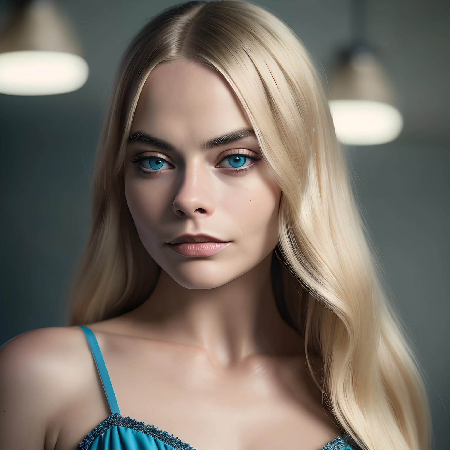 a handsome female, Long straight blonde hair, Wearing a cyan blue dress , Wearing a leather belt, frontal view, Margot Robbie, Cara Delevingne,Very detailed, 30 years, natural wave hair, blue eyes, hight resolution, Masterpiece, Best Quality, intricate details, Highly detailed, sharp-focus, detailed skin, realistic skin texture, texture, A detailed eye, Professional, 4k, Shot in Canon, 85mm, Shallow depth of field, Kodak Color Vision, a perfect fit body, Extremely detailed, photo_\(ultra\), Photorealistic, Realistic, postprocessed, max detail, roughness, Real life, ultra realistis, photo realism, photografic, 8K UHD, photografic (film grains) Medium shot for close-up shots, atmospheric dark lighting