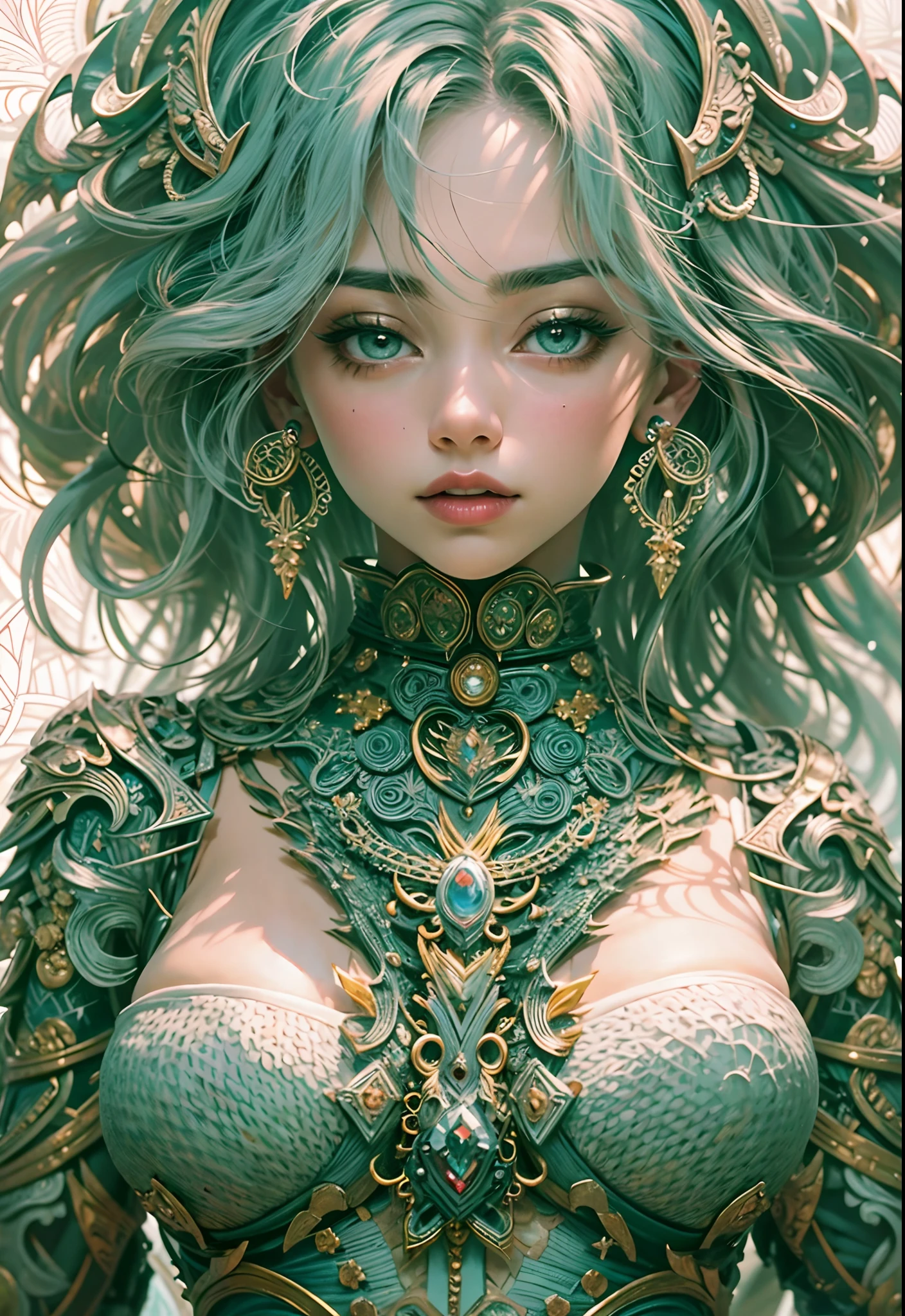 official art, unity 8k wallpaper, ultra detailed, beautiful and aesthetic, High quality, beautiful, masterpiece, best quality, (zentangle, mandala, tangle, entangle, one solo beautiful girl and holy armor elegantly posing: 1.6), full body portrait. Sexy seductive alluring revealing clothes. Beautifully intricate details. Cinematic light. Luminous.