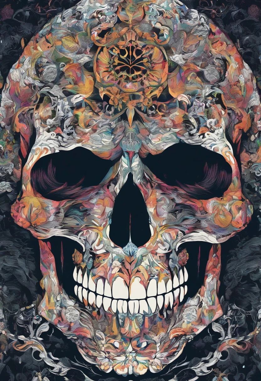 a closeup of a skull with a furious eye, lobo, Estilo Yoji Shinkawa, Preto e branco, aspecto, super detalhado,Viking symbols, Impacting skull, dentes quebrados, fantasy skull, arte detalhada colorida assustadora, arte colorida assustadora 8k, sacred skull, Psychedelic background conjuration, arte digital detalhada, textura, sacred skulls , psychedelic illustration, textured skull, skull face, death skull, arte colorida assustadora, psychedelic art style