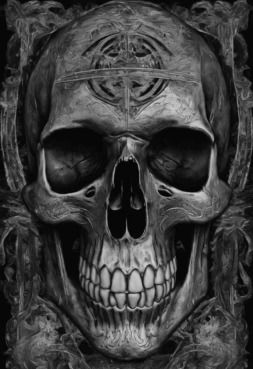 a closeup of a skull with a furious eye, lobo, Estilo Yoji Shinkawa, Preto e branco, aspecto, super detalhado,Viking symbols, Impacting skull, dentes quebrados, fantasy skull, arte detalhada colorida assustadora, arte colorida assustadora 8k, sacred skull, Psychedelic background conjuration, arte digital detalhada, textura, sacred skulls , psychedelic illustration, textured skull, skull face, death skull, arte colorida assustadora, psychedelic art style
