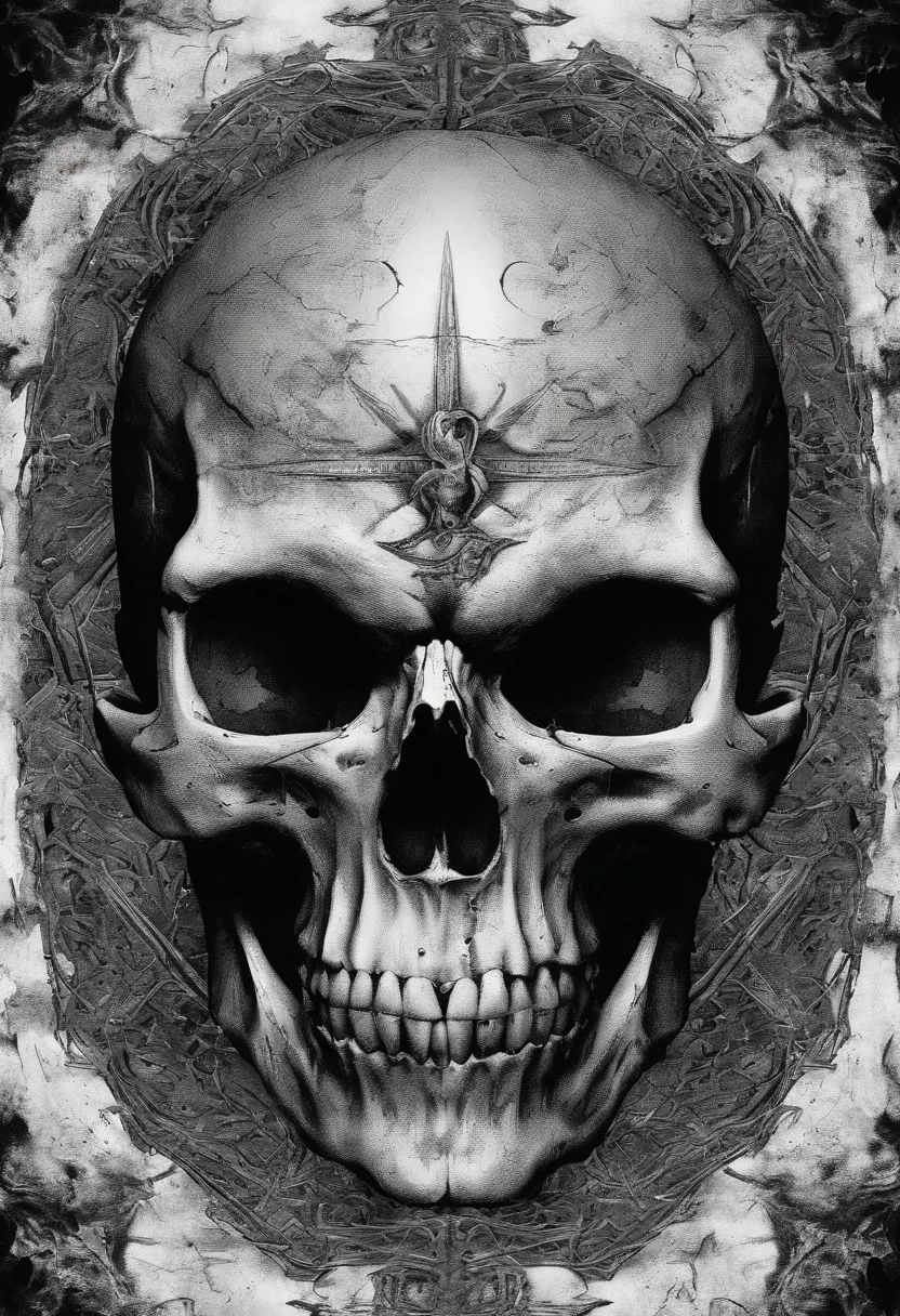 a closeup of a skull with a furious eye, lobo, Estilo Yoji Shinkawa, Preto e branco, aspecto, super detalhado,Viking symbols, Impacting skull, dentes quebrados, fantasy skull, arte detalhada colorida assustadora, arte colorida assustadora 8k, sacred skull, Psychedelic background conjuration, arte digital detalhada, textura, sacred skulls , psychedelic illustration, textured skull, skull face, death skull, arte colorida assustadora, psychedelic art style
