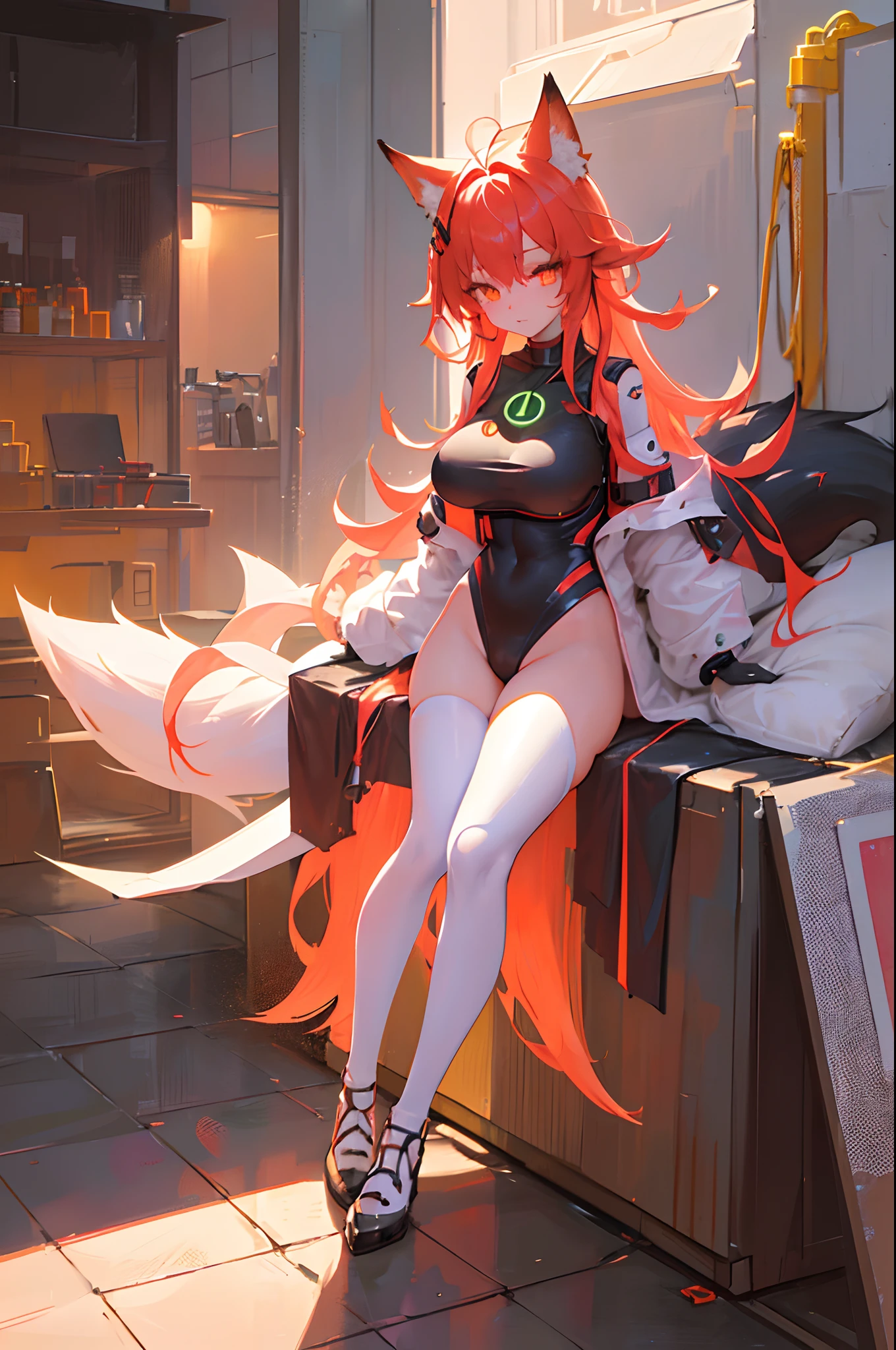 Foxgirl, fox tail, (neon lighting:1.2), super sexy mini clothes, revasling body, (centered in frame), highly detailed, 8k wallpaper, (detailed face and eyes:1.4), (detailed hair:1.3), (warm lighting:1.5), full body view, (huge breasts:1.2).