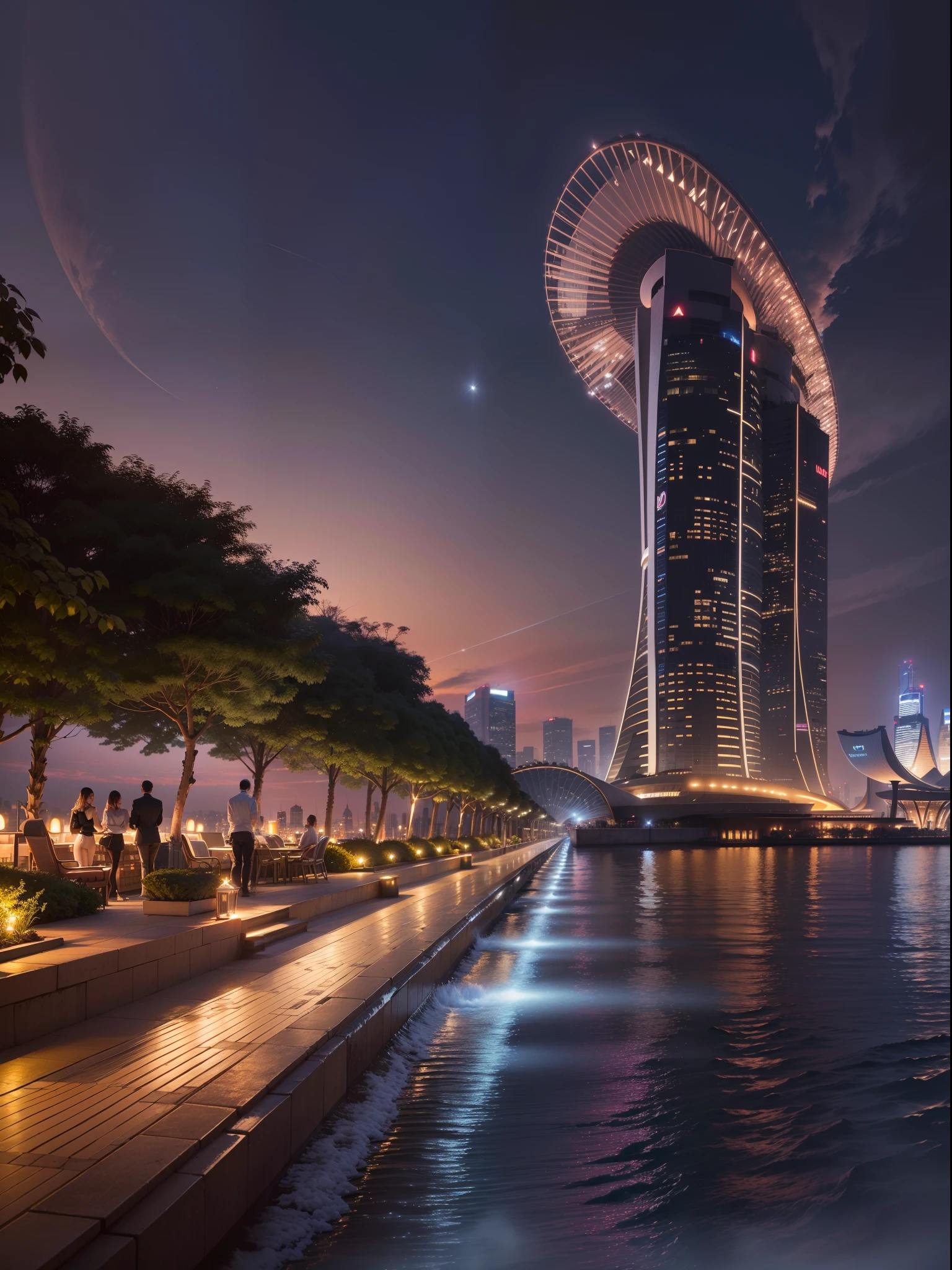 Infinite view of Marina Bay Sands Singapore, breathtaking night scene, vibrant city lights, shimmering reflections, bustling waterfront, iconic architectural masterpiece, panoramic skyline, majestic skyline, stunning rooftop pool, modern urban oasis, dynamic and futuristic design, world-class luxury resort, futuristic skyline, extravagant indulgence, opulent elegance, elegant and refined, breathtaking beauty, glowing cityscape, architectural marvel, fusion of art and engineering, vibrant energy, cosmopolitan city, iconic tourist attraction, bustling waterfront promenade, scenic promenade, bustling entertainment hub, dazzling nightlife, bustling atmosphere, luxurious lifestyle, exclusive luxury retreat, picturesque setting, artistic blend of nature and architecture, magnificent engineering feat, mesmerizing symphony of lights, vibrant and dynamic, vibrant and lively, vibrant and colorful, opulent and glamorous, luxurious and extravagant, modern and stylish. (best quality,4k,8k,highres,masterpiece:1.2),ultra-detailed,(realistic,photorealistic,photo-realistic:1.37),HDR,UHD,studio lighting,ultra-fine painting,sharp focus,physically-based rendering,extreme detail description,professional,vivid colors,bokeh,photography,cityscape,night scene,luxury hotel.