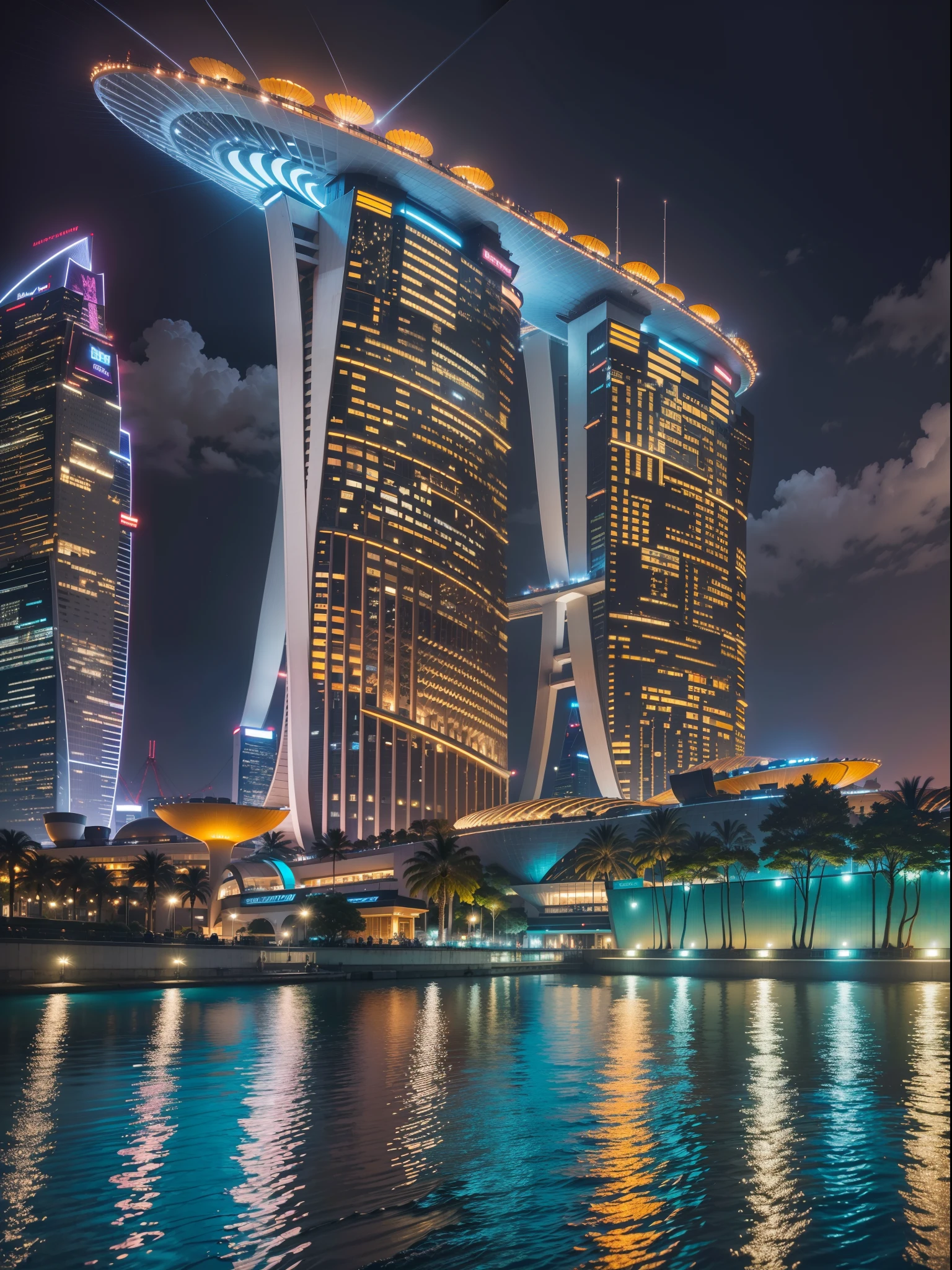 Infinite view of Marina Bay Sands Singapore, breathtaking night scene, vibrant city lights, shimmering reflections, bustling waterfront, iconic architectural masterpiece, panoramic skyline, majestic skyline, stunning rooftop pool, modern urban oasis, dynamic and futuristic design, world-class luxury resort, futuristic skyline, extravagant indulgence, opulent elegance, elegant and refined, breathtaking beauty, glowing cityscape, architectural marvel, fusion of art and engineering, vibrant energy, cosmopolitan city, iconic tourist attraction, bustling waterfront promenade, scenic promenade, bustling entertainment hub, dazzling nightlife, bustling atmosphere, luxurious lifestyle, exclusive luxury retreat, picturesque setting, artistic blend of nature and architecture, magnificent engineering feat, mesmerizing symphony of lights, vibrant and dynamic, vibrant and lively, vibrant and colorful, opulent and glamorous, luxurious and extravagant, modern and stylish. (best quality,4k,8k,highres,masterpiece:1.2),ultra-detailed,(realistic,photorealistic,photo-realistic:1.37),HDR,UHD,studio lighting,ultra-fine painting,sharp focus,physically-based rendering,extreme detail description,professional,vivid colors,bokeh,photography,cityscape,night scene,luxury hotel.