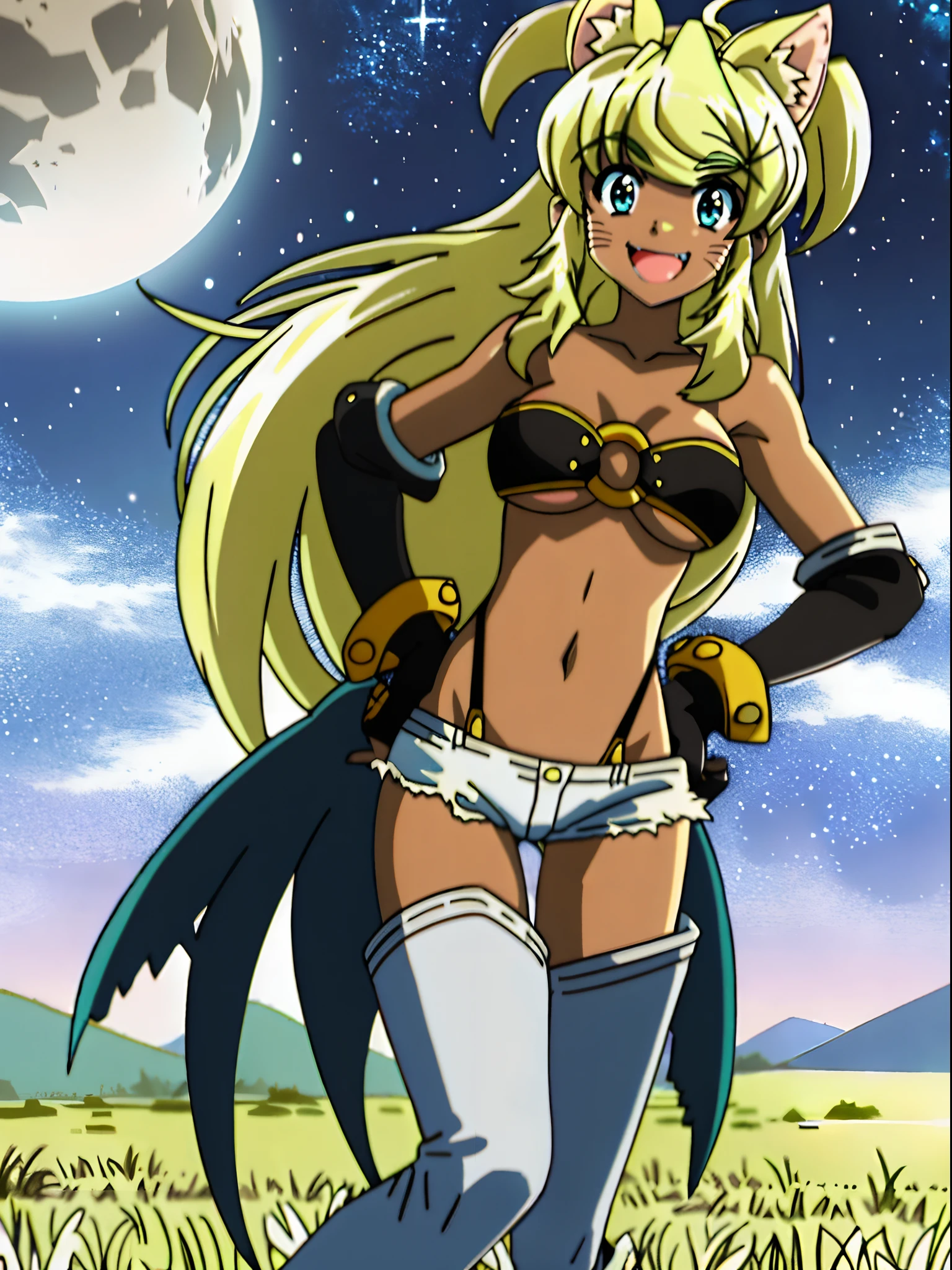 liru, 1girl, beltbra, shorts, denim_shorts, denim, thighhighs, underboob, breasts, gloves, night, hands_on_hips, sky, furry, short_shorts, navel, midriff, fingerless_gloves, from_below, night_sky, smile, grey_shorts, star_(sky), moon, cutoffs, outdoors, boots, thigh_boots, underwear, panties, starry_sky, blue_shorts, body_fur,, full body, smiling, open mouth, boots, full body, walking, big breast