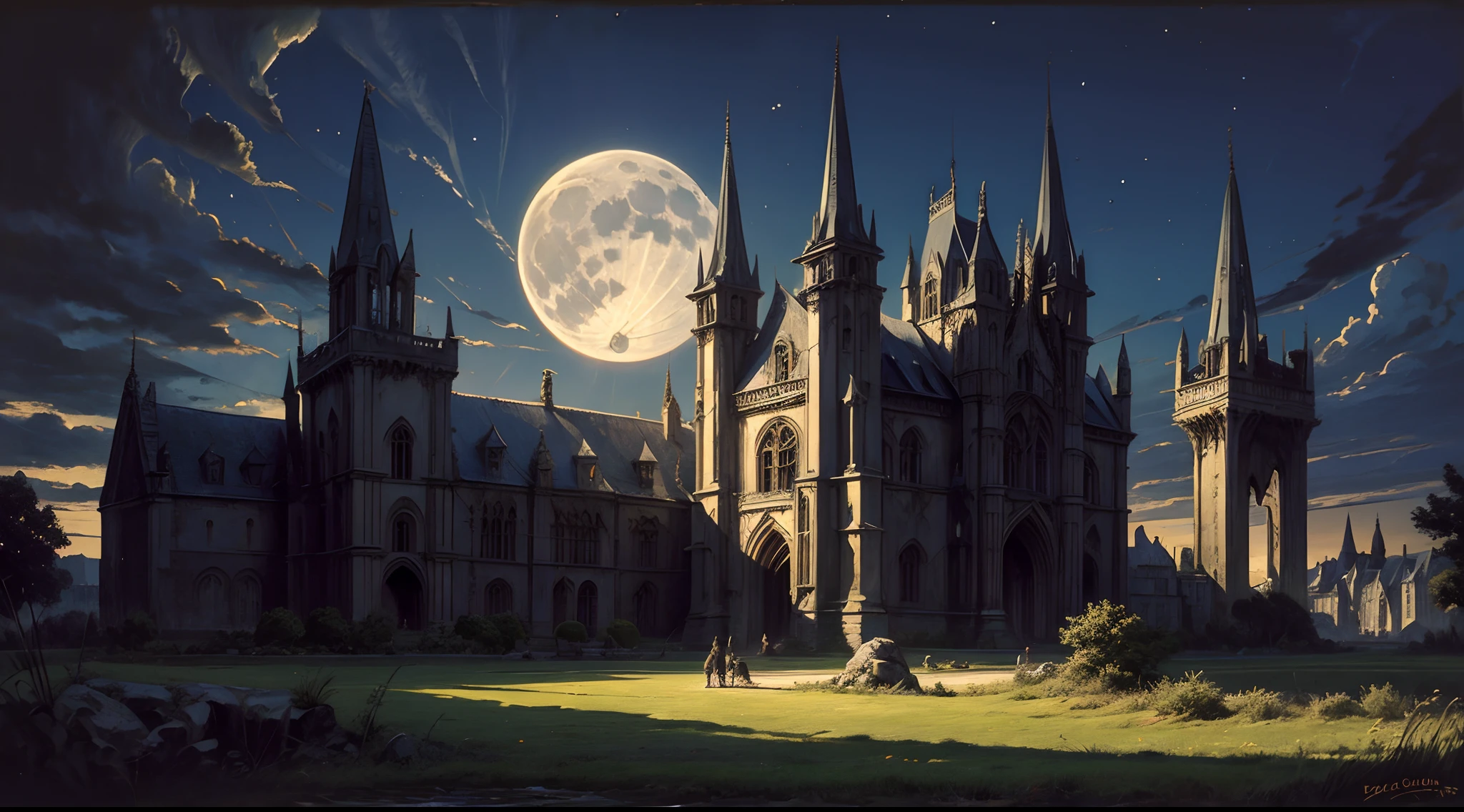 Gothic painting of an ancient castle at night, with a full moon, gargoyle, and deep shadows