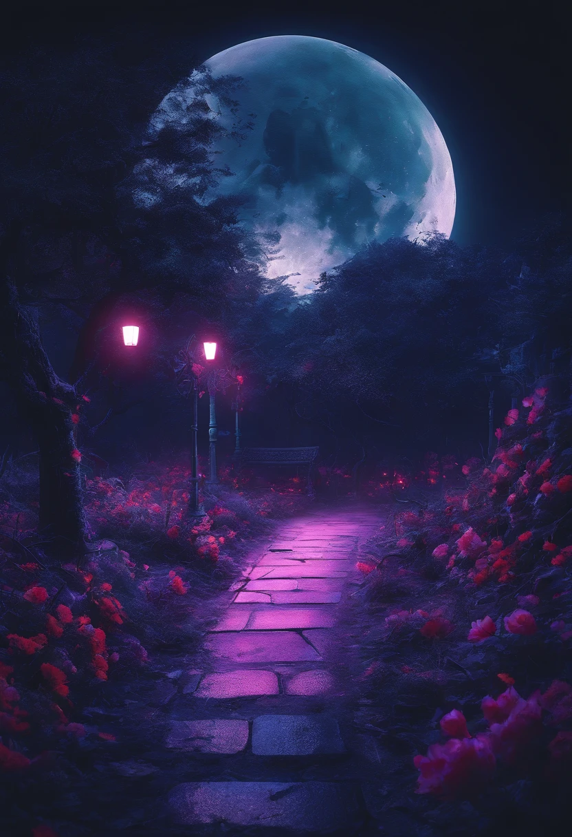(best quality,4k,8k,highres,masterpiece:1.2),ultra-detailed,realistic:1.37,moonlit night scene,moonlit garden,twinkling stars,bat silhouette,foggy atmosphere,dark shadows,high contrast,moonlight,moon surface details,bat sign reflected on the moon,bat sign shining brightly,moonlight casting eerie shadows on the ground,hauntingly beautiful,batman symbol on the moon,ethereal,enchanted garden,nighttime magic,subtle magical glow,mysterious ambiance,soft moonlight illuminating the flowers,bat emblem radiating light,mystical elements,surrealistic,moon's surface texture,gothic undertones,dreamlike,breathtaking frame,moonlit pathway,gloomy and atmospheric,nighttime secrets,revealing the hidden,mysterious moonlight,awe-inspiring,nighttime wonder,moonlit beauty,dark and surreal,shadows dancing in the moonlight,fascinating moonlit garden,ethereal moonlit scenery,luminous night scene