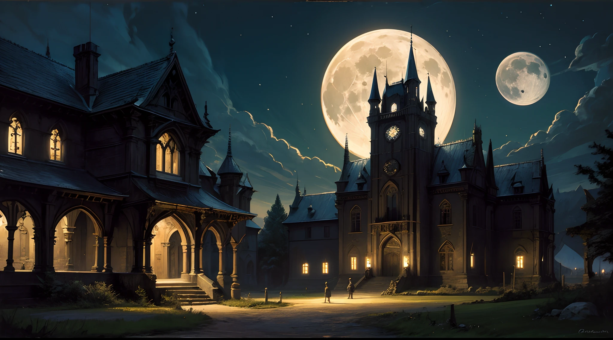 Gothic painting of an ancient castle at night, with a full moon, gargoyle, and deep shadows