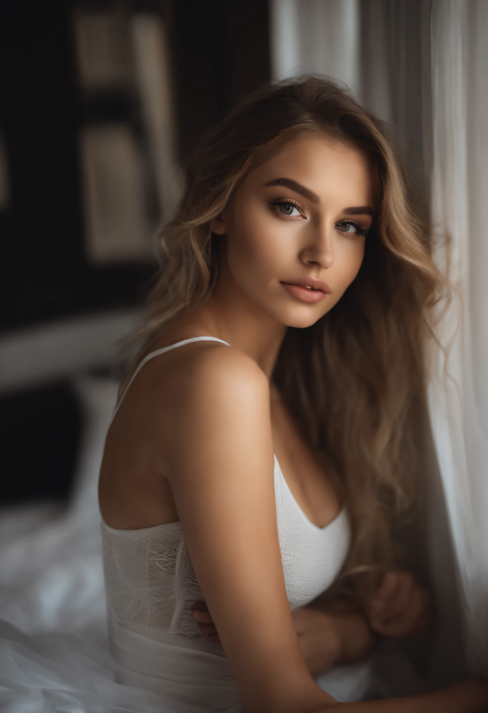 woman with matching tank top and panties, fille sexy aux yeux bleus, Portrait Sophie Mudd, Portrait de Corinna Kopf, cheveux blonds et grands yeux, selfie of a young woman, ohne Maquillage, maquillage naturel, Look directly into the camera, Visage avec Artgram, dezentes Maquillage, Superbe photo du corps entier, dans la chambre, Gros seins, Blonde, latina
