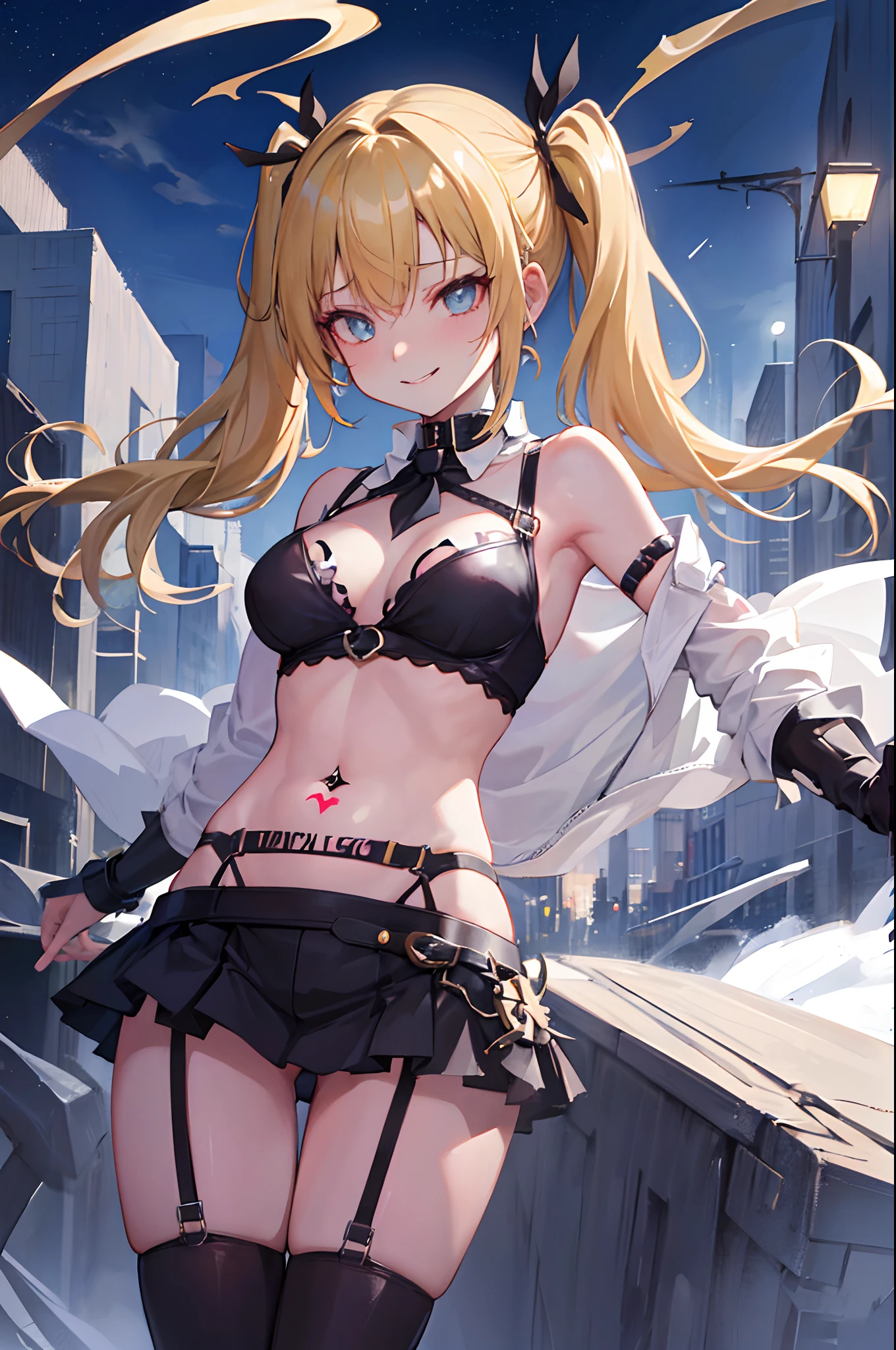 Maka, busty blonde woman with twintails, wearing a skimpy punk outfit, has an evil smile and a crazy face. She has tattoos all over her body, and her provocative attire matches her naughty and slutty personality. The night city serves as the backdrop, with its dazzling lights and vibrant atmosphere. Maka flaunts her belly piercing and wears a seductive collar, adding to her alluring appeal. The artwork should showcase the best quality, with ultra-detailed and realistic features. The colors should be vivid and the lighting should highlight Maka's wicked charm.