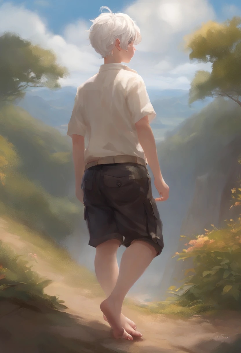 Chota, white-haired, male, chibi style, cute, standing, masterpiece, (high-resolution, 8K), detailed background, high-quality, boy, ((solo)), looking at the audience, rear view, ethereal, magical, white clouds, joyful expression, shorts, (NSFW:1.5), boy, showing ass, , cum in ass, inspired by Pino Daeni, Kanyeshanbao, Naohu1145, Dagashi, Youpa.