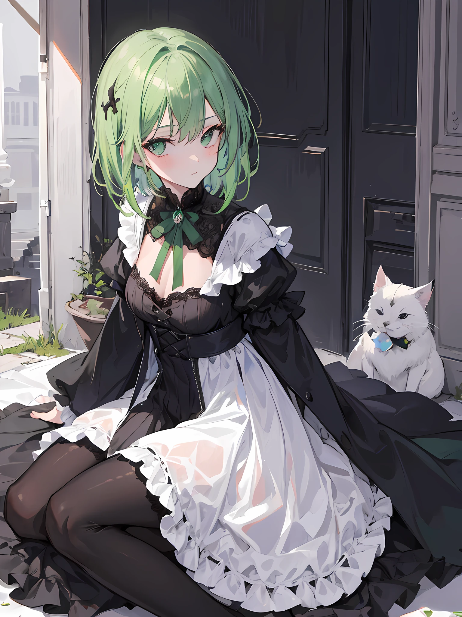 1fille, cheveux noirs longs, yeux vert, portant une chemise noire unie, jupe blanche, ville, absurdes, high resolucion, Ultranet, 8k, Masterpiece, Regarder le spectateur