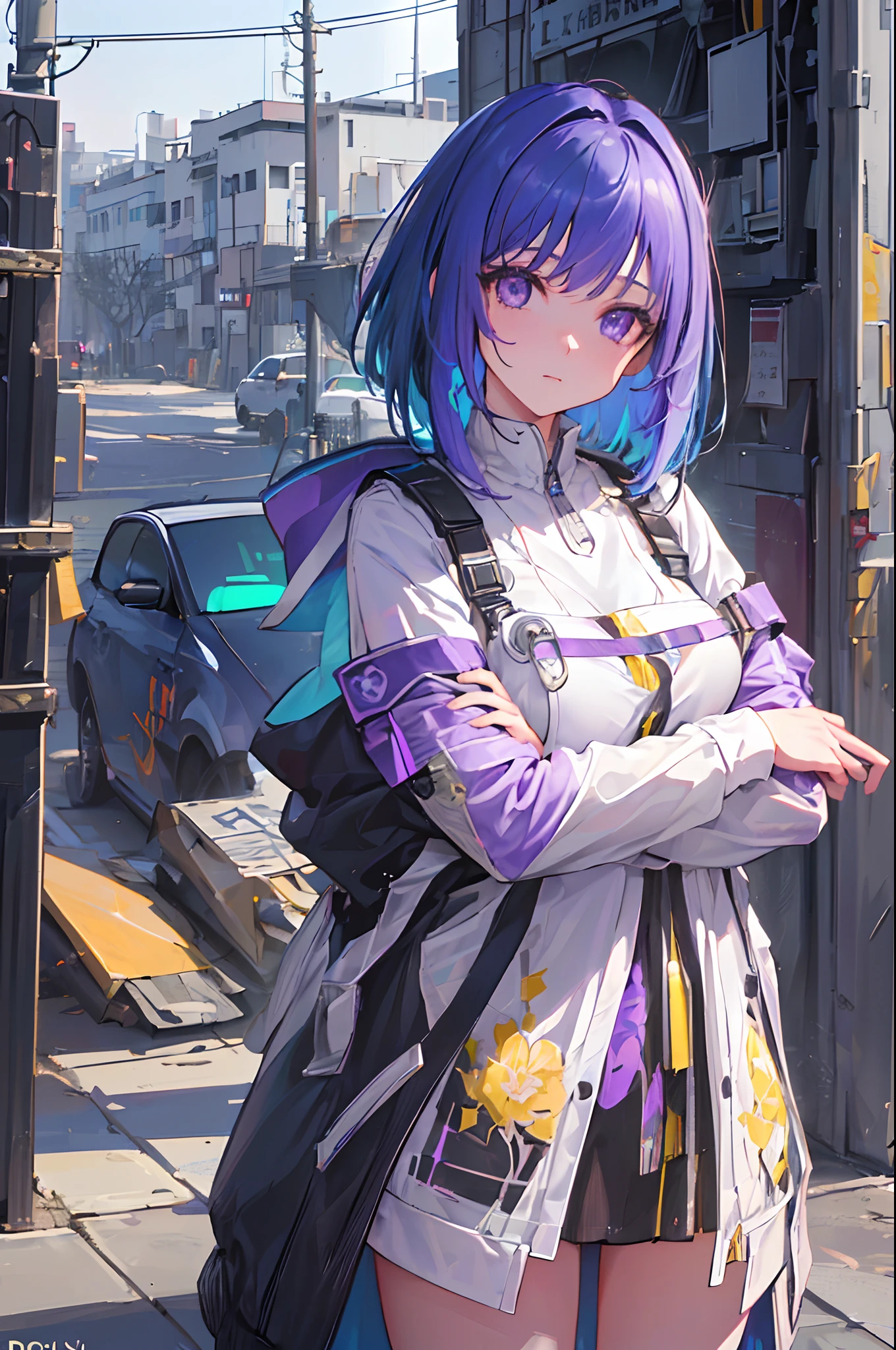 Highly detailed, ultra detailed, best quality, highest quality, hyper detailed, highly detailed background, photorealistic, masterpiece, (detailed CGI 32k:1.3), detailed realistic skin, stunning and gorgeous, (holographic girl), (against the backdrop of a cyberpunk city:1.2), (transparent body:1.3), small breasts, show off clothes, full body, (dim lighting:1.2), (detailed hair:1.3), (bob haircut:1.2), (blue hair:1.3), (centered), (highly detailed:1.4), (purple eyes:1.3), (detailed face and eyes:1.4).