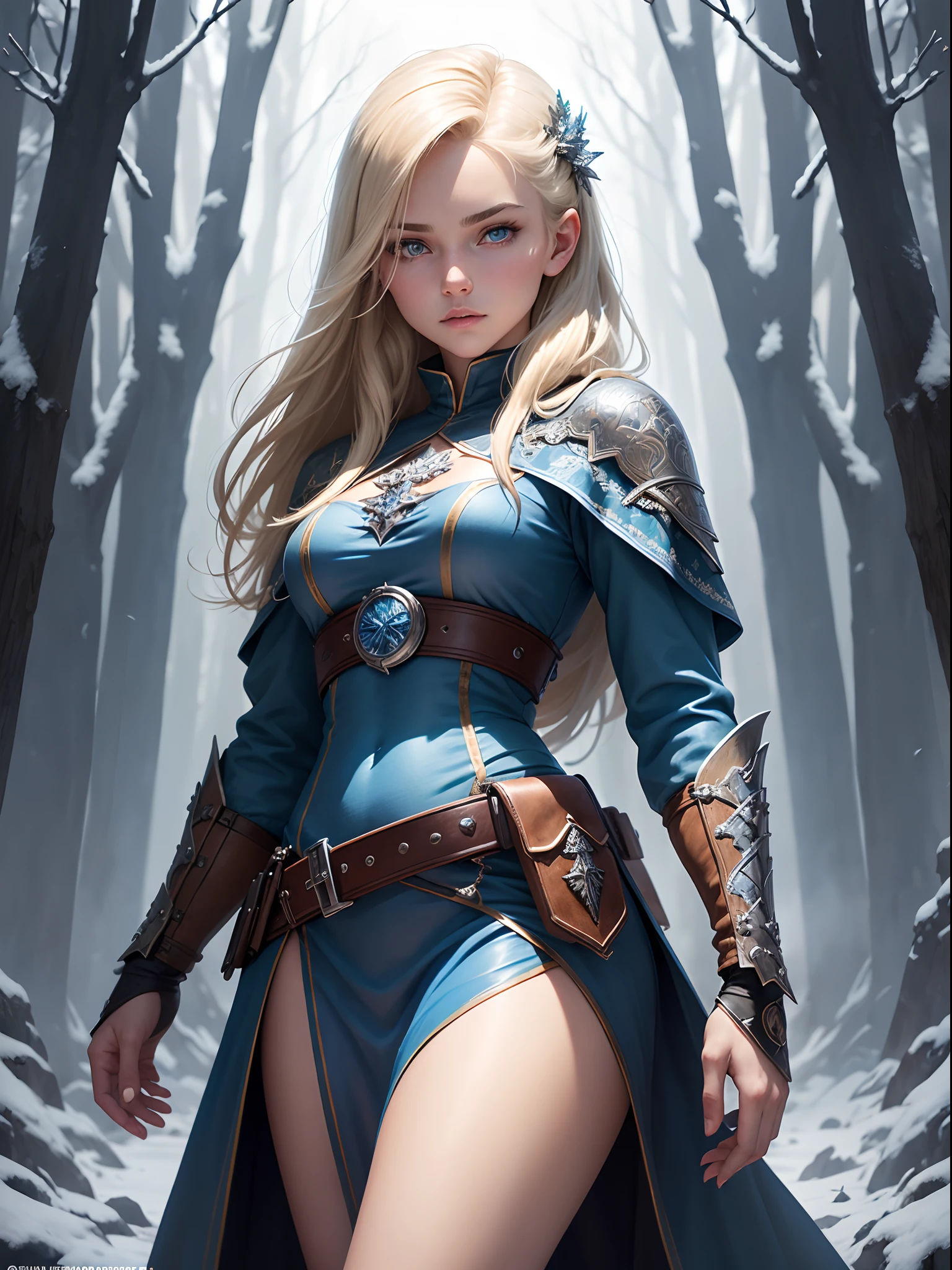 girl,young,handsome,18 years old, finely detailed eyes,blue iris color,skin light tone,blond hair, intricate details, portrait, looking at viewer, solo,smuggler, (full body:0.6), detailed background, detailed face,(tattoos:0.9), dynamic pose,nordic outfit, high fantasy medieval setting, frozen forest background,fog