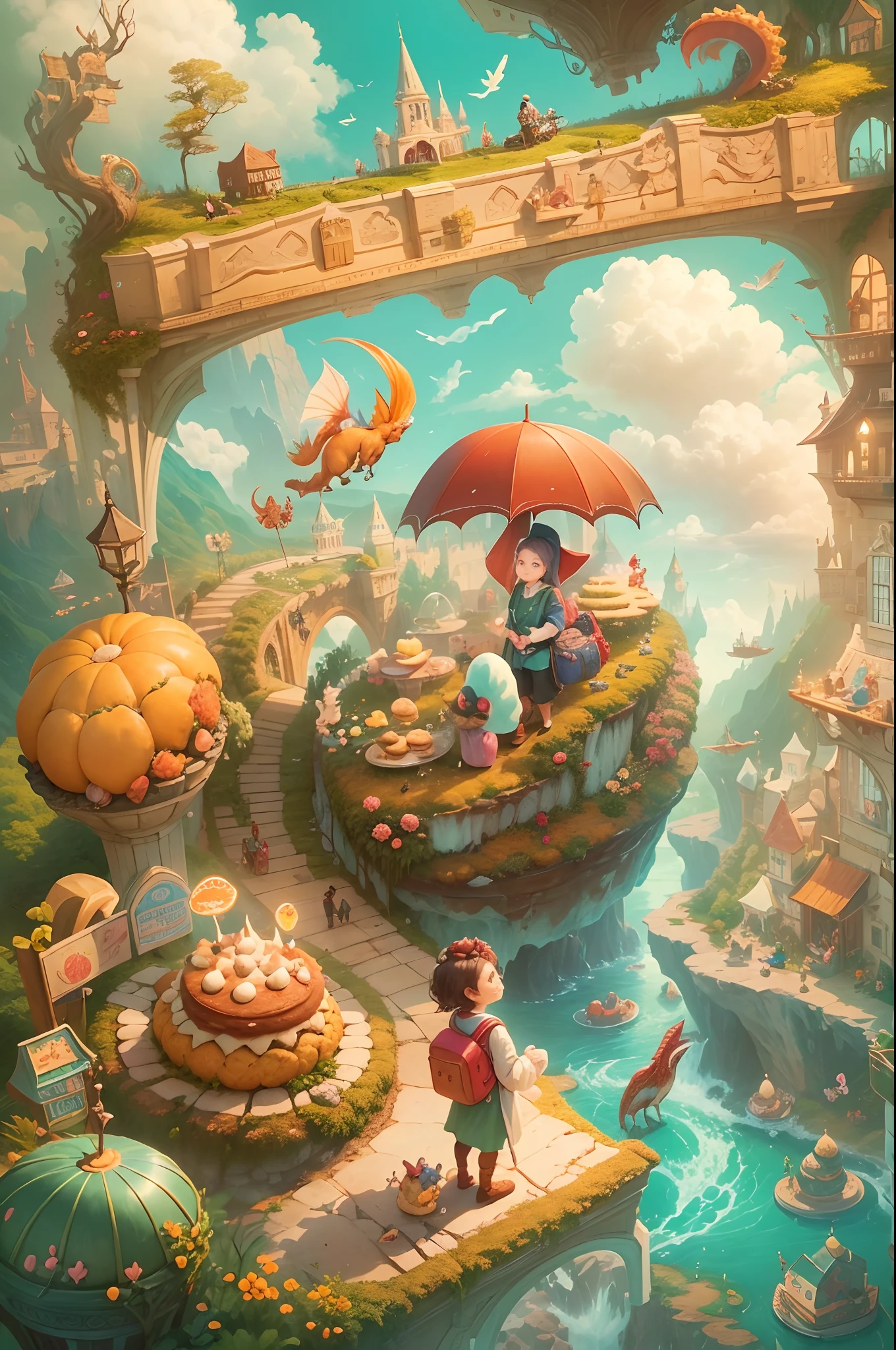 Transport us to a magical bakery where a pastry chef bakes cookies that grant wishes, and the protagonist embarks on a journey to fulfill the dreams of those who take a bite. person with a backpack filled with whimsical, talking creatures like miniature dragons and floating fish, setting off on a quest to discover the lost laughter of a forgotten kingdom in a huge surreal landscapes. out side