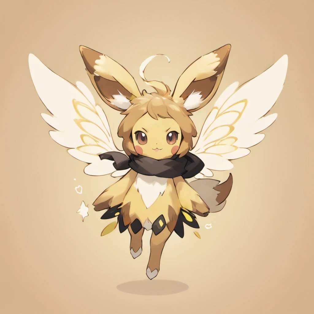 Eevee, soft yellow and white, black antennae and black insect legs, brown scarf, and white fairy-like wings with tan pattern, masterpiece, best quality