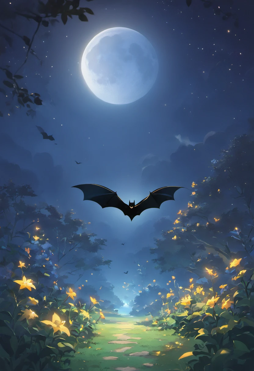 (best quality,4k,8k,highres,masterpiece:1.2),ultra-detailed,realistic:1.37,moonlit night scene,moonlit garden,twinkling stars,bat silhouette,foggy atmosphere,dark shadows,high contrast,moonlight,moon surface details,bat sign reflected on the moon,bat sign shining brightly,moonlight casting eerie shadows on the ground,hauntingly beautiful,batman symbol on the moon,ethereal,enchanted garden,nighttime magic,subtle magical glow,mysterious ambiance,soft moonlight illuminating the flowers,bat emblem radiating light,mystical elements,surrealistic,moon's surface texture,gothic undertones,dreamlike,breathtaking frame,moonlit pathway,gloomy and atmospheric,nighttime secrets,revealing the hidden,mysterious moonlight,awe-inspiring,nighttime wonder,moonlit beauty,dark and surreal,shadows dancing in the moonlight,fascinating moonlit garden,ethereal moonlit scenery,luminous night scene