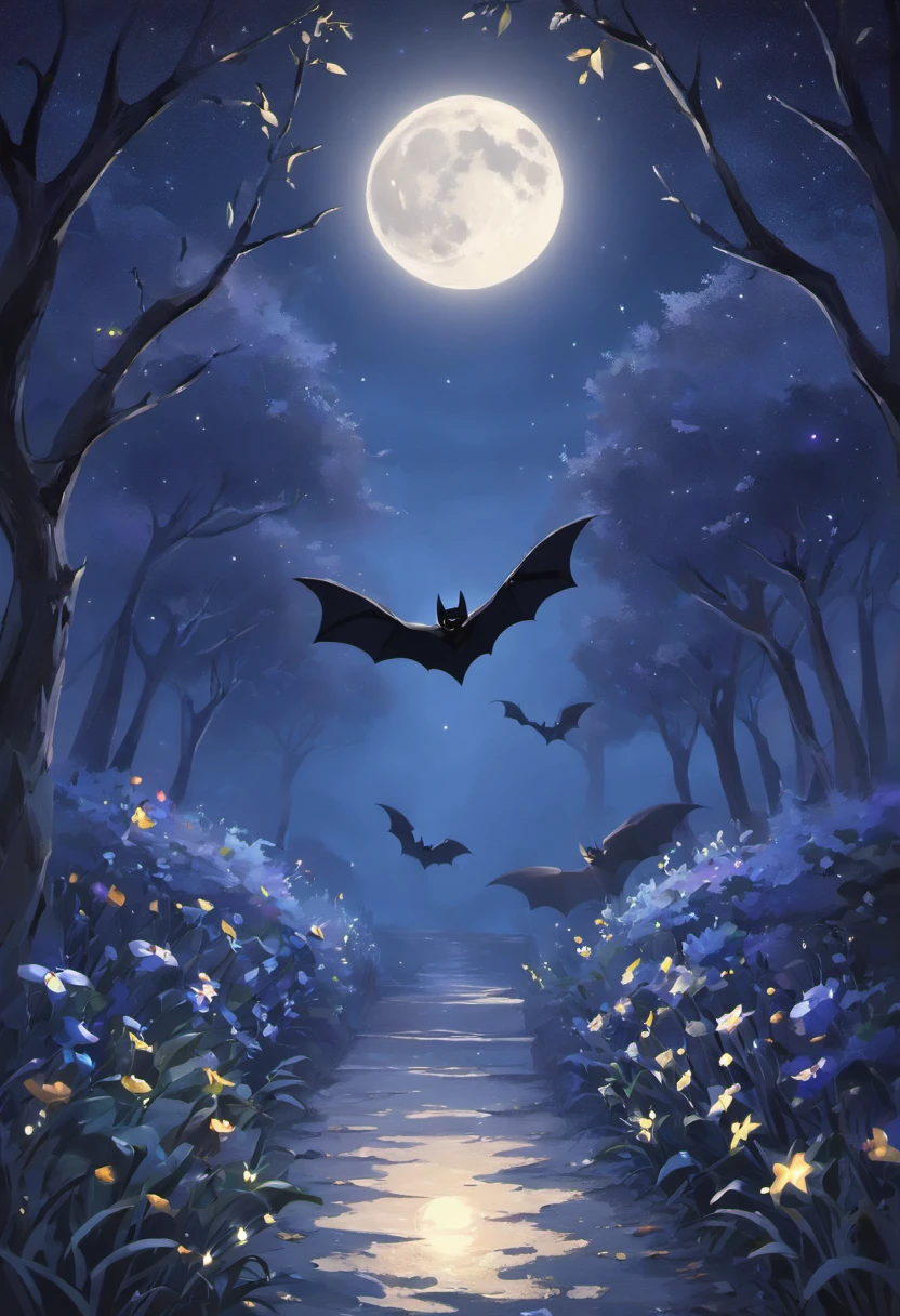 (best quality,4k,8k,highres,masterpiece:1.2),ultra-detailed,realistic:1.37,moonlit night scene,moonlit garden,twinkling stars,bat silhouette,foggy atmosphere,dark shadows,high contrast,moonlight,moon surface details,bat sign reflected on the moon,bat sign shining brightly,moonlight casting eerie shadows on the ground,hauntingly beautiful,batman symbol on the moon,ethereal,enchanted garden,nighttime magic,subtle magical glow,mysterious ambiance,soft moonlight illuminating the flowers,bat emblem radiating light,mystical elements,surrealistic,moon's surface texture,gothic undertones,dreamlike,breathtaking frame,moonlit pathway,gloomy and atmospheric,nighttime secrets,revealing the hidden,mysterious moonlight,awe-inspiring,nighttime wonder,moonlit beauty,dark and surreal,shadows dancing in the moonlight,fascinating moonlit garden,ethereal moonlit scenery,luminous night scene