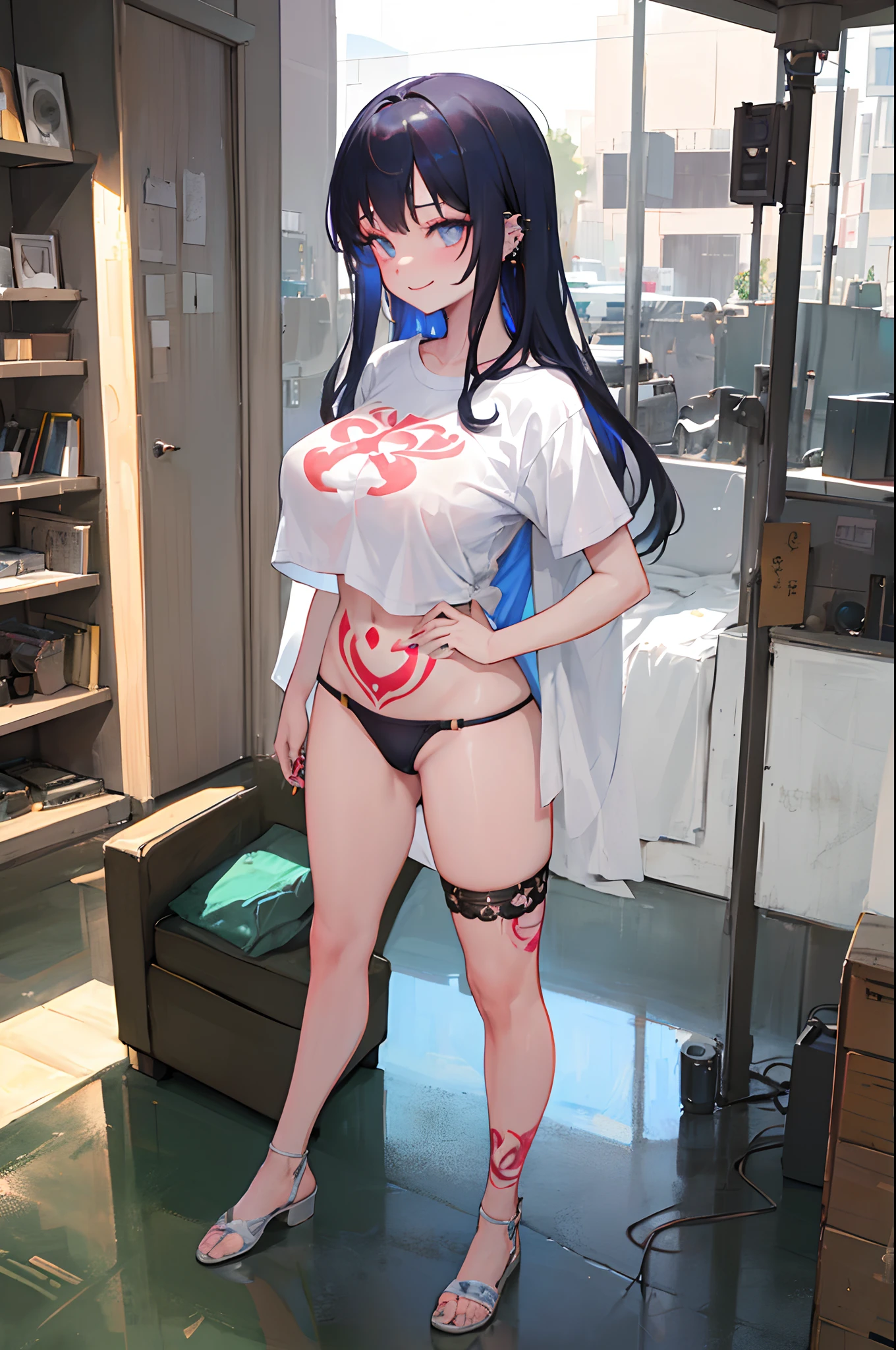 (18y.o) woman with long blue emo hair, (heavy goth makeup), masterpiece, highest quality, 4k, High detail RAW color Photo, sexy woman (in living room) wearing a (white cropped t-shirt:1.2) loose shirt, (thong), (facial piercings:1.2), (proud breasts), huge breasts, visible under boobs, side boobs, (relaxed shoulders), full body, (open stance:1.2), (bright smile), (geometric tattoos), feisty, feminine, hyperrealistic, symmetrical, highly detailed, perfect skin, hasselblad, gigapixel, fit, skin pores, arched back, high detail hair, (sharp body), detailed body.