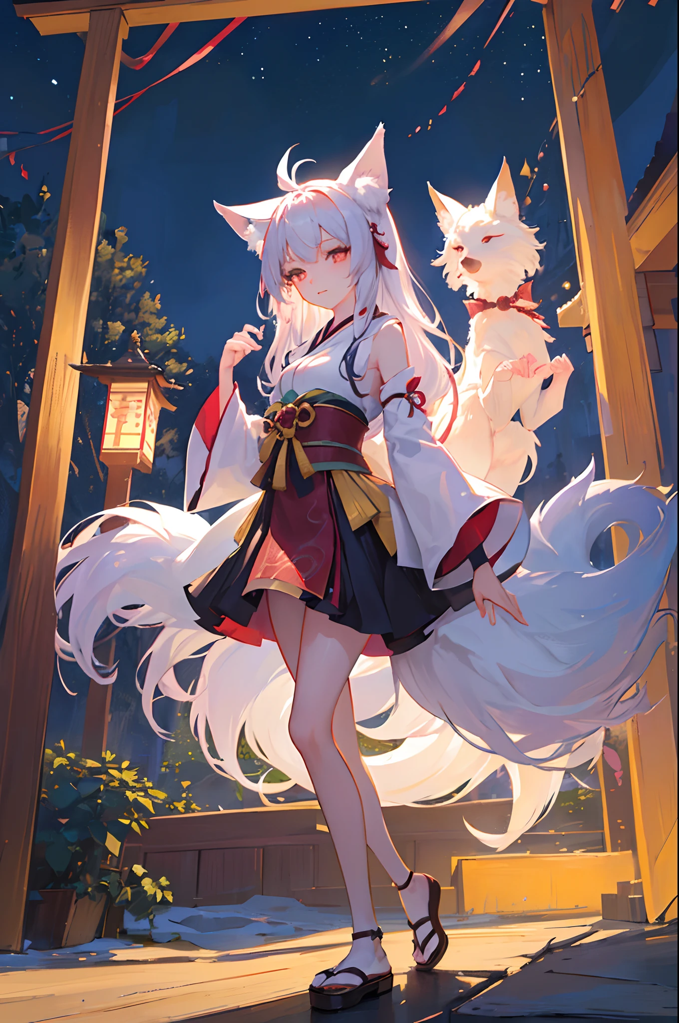 (Best quality:1.2, ultra-detailed, photorealistic:1.3), colorful, brightly lit night scene, enchanting atmosphere. Beautifully detailed nine-tailed kitsune woman, with captivating emerald eyes, rosy cheeks, and silky long black hair flowing in the breeze. She has a slim and graceful figure, with a slender waist and long legs. Her petite frame is adorned with revealing traditional Japanese clothing, showcasing her alluring curves and assets. The kitsune woman stands in front of a majestic Japanese temple, illuminated by the soft glow of lanterns. The temple is decorated with intricate carvings and vibrant cherry blossoms, symbolizing beauty and renewal. The night sky is filled with sparkling stars, creating a magical backdrop. The kitsune woman's elegant posture exudes confidence and elegance, as she holds a mystical fox mask, adding an element of mystery to the scene. The ambience is filled with tranquility and a sense of wonder, inviting viewers to immerse themselves in the enchanting world of the nine-tailed kitsune.