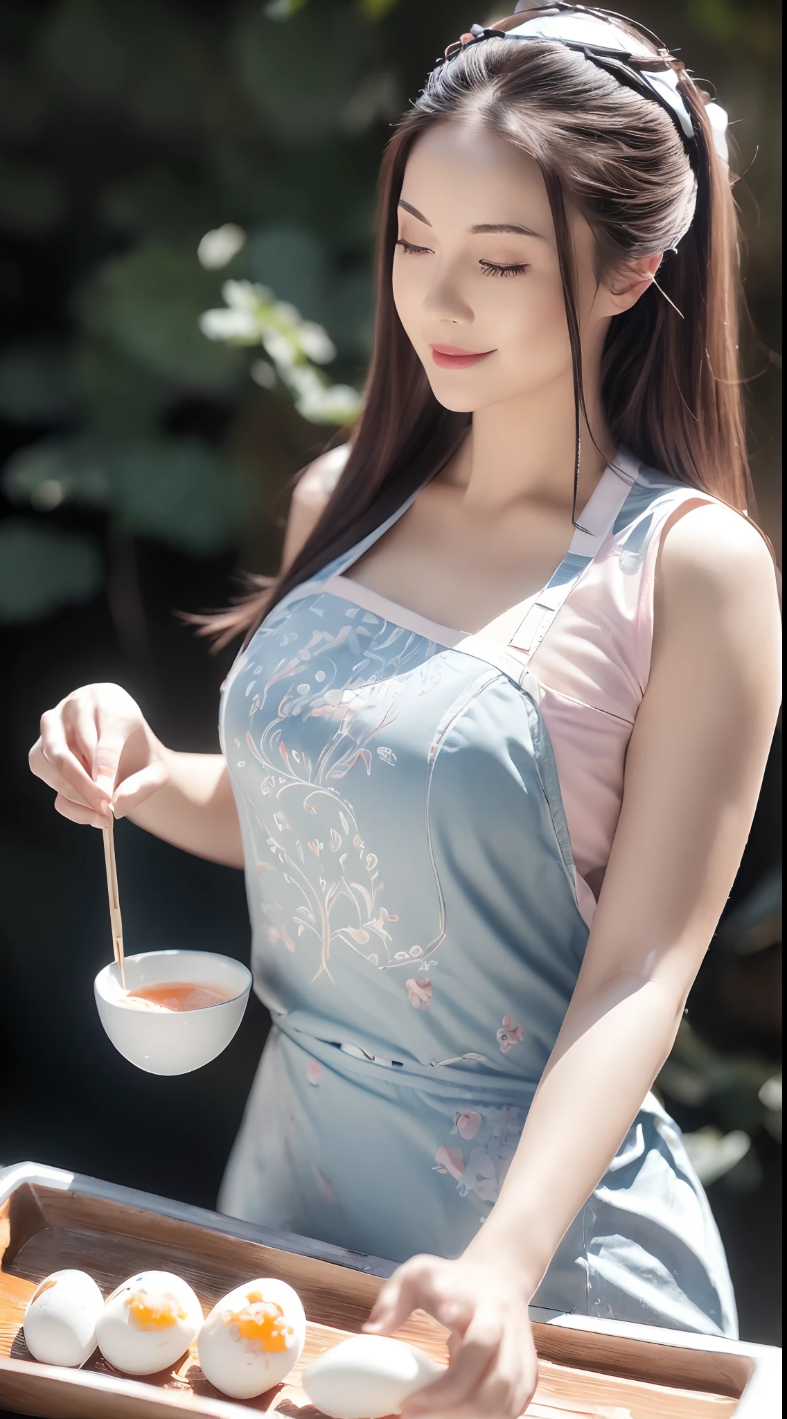 (Best quality,Ultra-detailed,Realistic:1.37),sliver long hair,Fantastic blue eyes,Happy woman beating eggs with chopsticks,Soft lighting,pink apron,illustration
