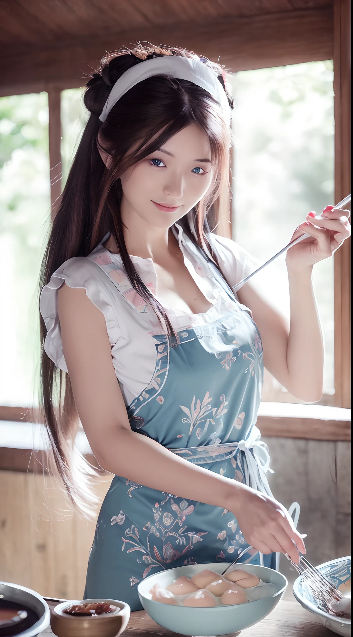 (Best quality,Ultra-detailed,Realistic:1.37),sliver long hair,Fantastic blue eyes,Happy woman beating eggs with chopsticks,Soft lighting,pink apron,illustration