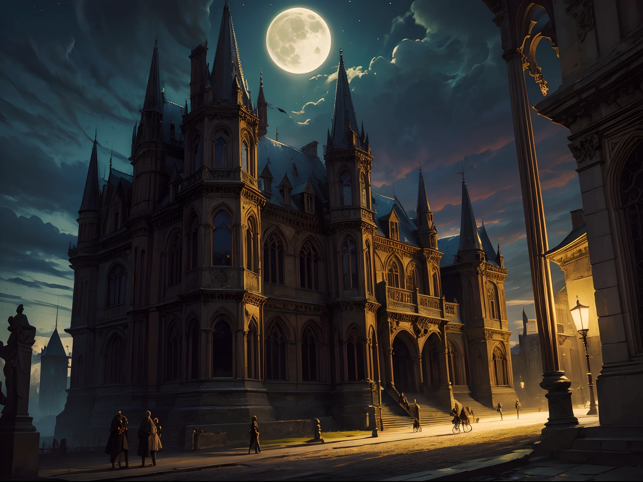 Gothic painting of an ancient castle at night, with a full moon, gargoyle, and deep shadows