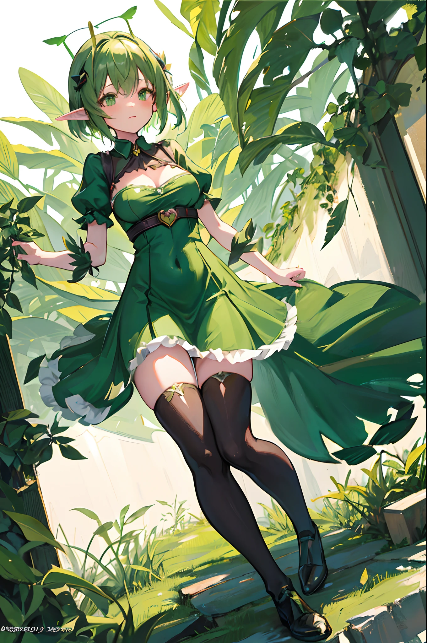 Anime girl in green and black costume on wings and green background, big breasts, slim body, revealing dress,super minidress, pixie character, fairy, forest fairy, insect trainer girl, brunette elf with fairy wings, pixie, cute 3d anime girl rendering, April rendering, fairy dance, open legs.