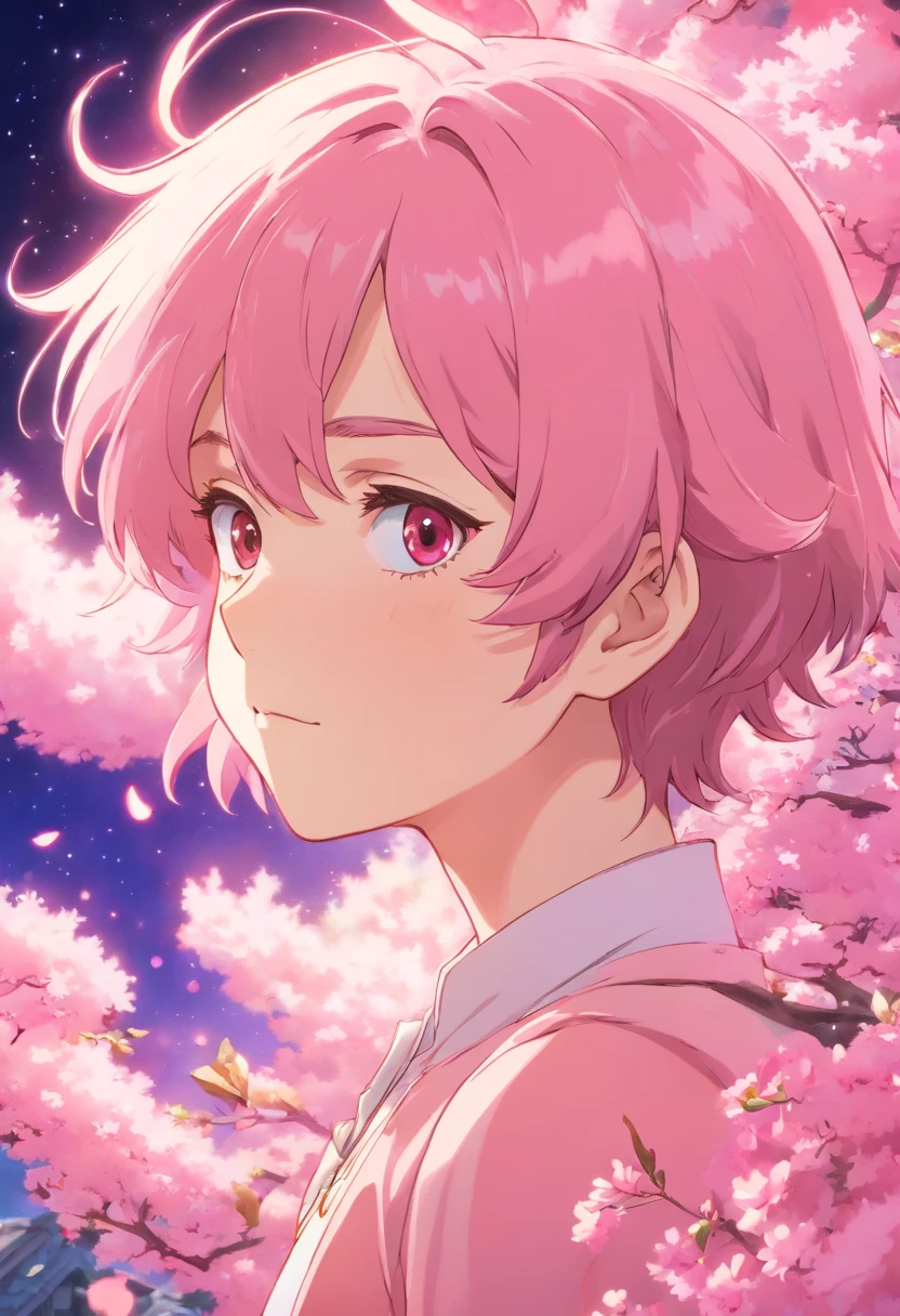 1 Homem de anime usando um terno rosa de lantejoulas brilhante,cabelo loiro,rosto perfeito, corpo suave,dinamic angle,olhar sedutor,super atraente
