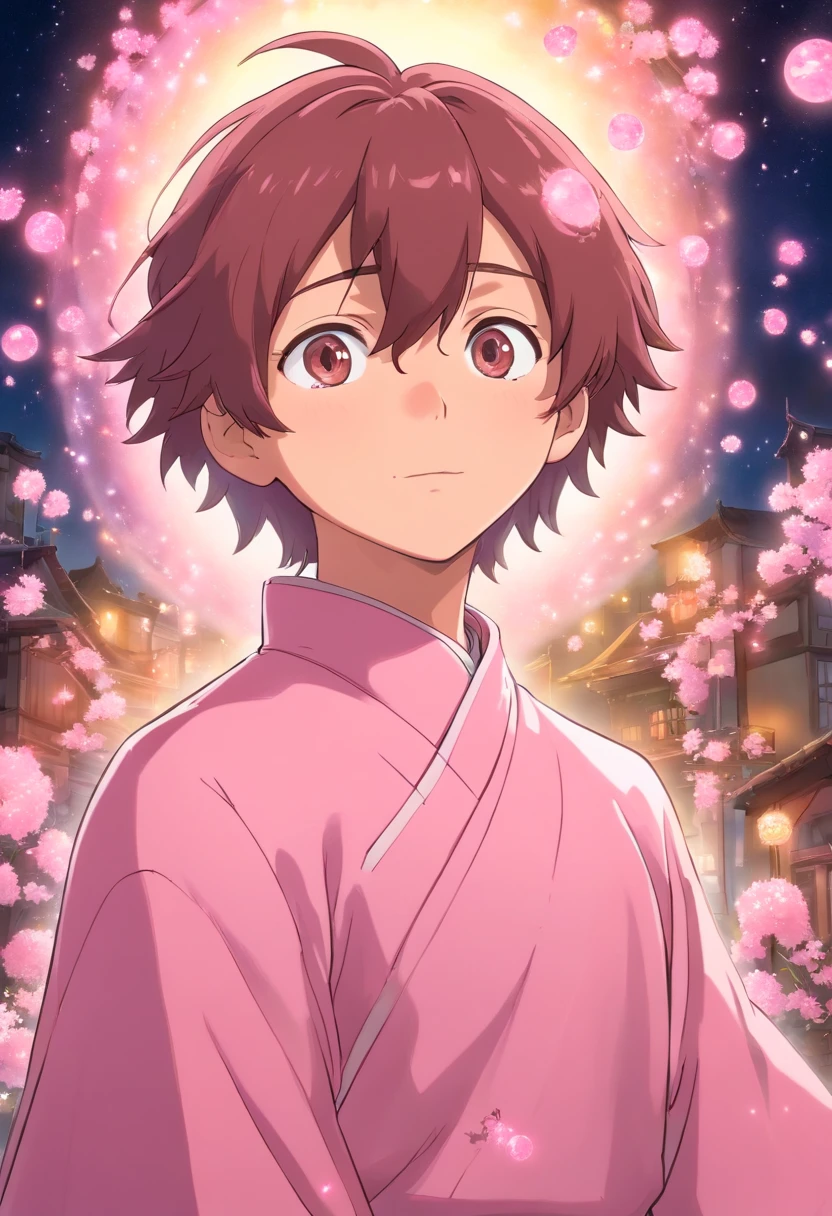 1 Homem de anime usando um terno rosa de lantejoulas brilhante,cabelo loiro,rosto perfeito, corpo suave,dinamic angle,olhar sedutor,super atraente