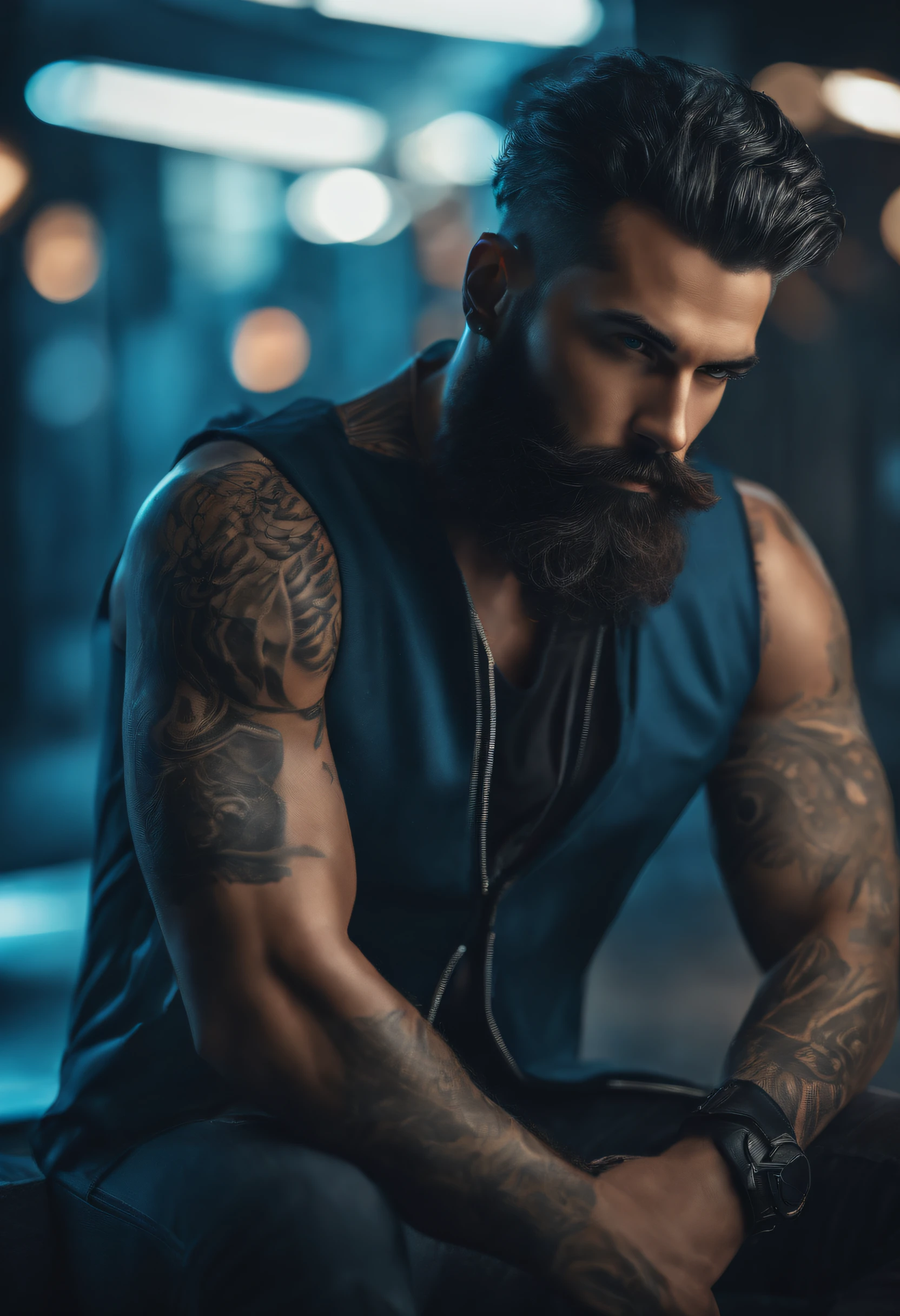 (Cyberpunk man in stylish clothes), (with a long, full beard,) (blue eyes) (portrait) Handsome and serious appearance, dark blue hair, Stylish and elegant, and strong body t-shirt, (Realistic and high quality), ((Best quality, 8k, master piece).