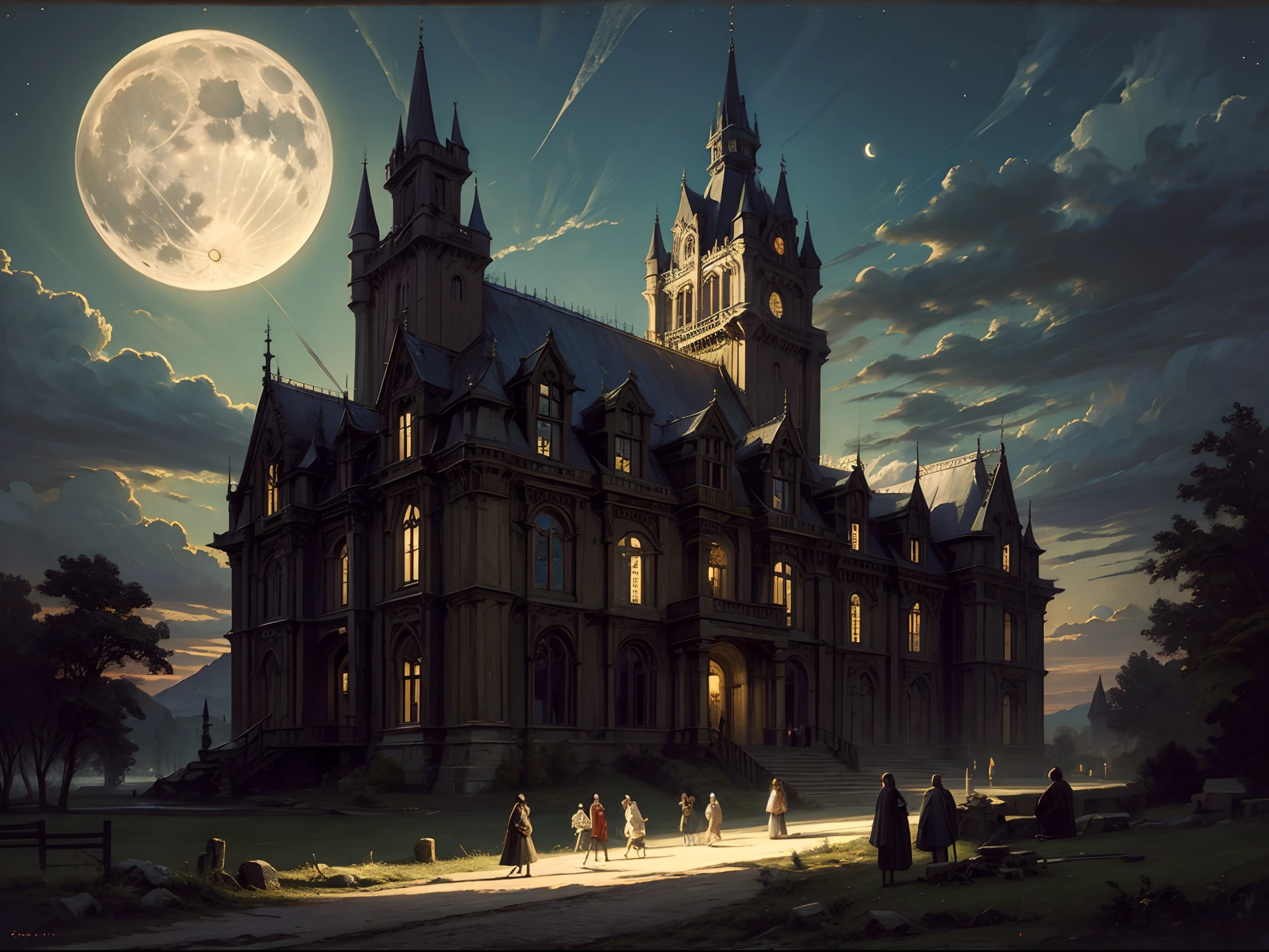 Gothic painting of an ancient castle at night, with a full moon, and deep shadows