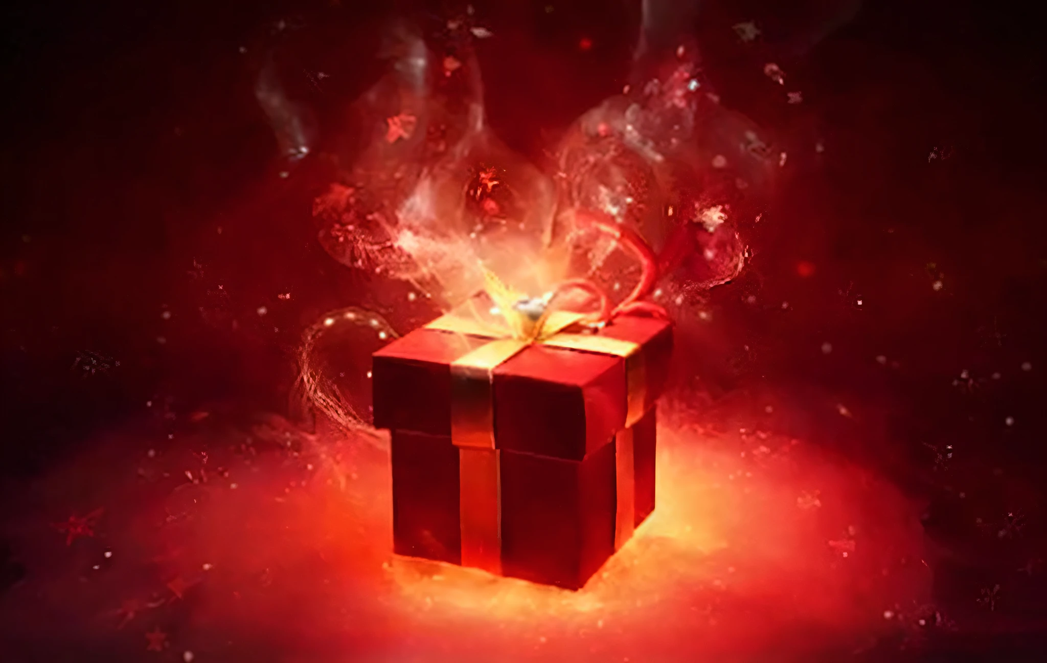 a red gift box with a bow and sparkles on a dark background, magic sparks, Presentes, magic particles, Magical particles in the air, magic particles, magical effect, particles explosion, fundo vermelho fotorrealista, Apresenta, with spark circuits, lindo, fiery particles, magic special effects, Caixa de saque, emitting smoke and sparks, iStock, giving gifts to people