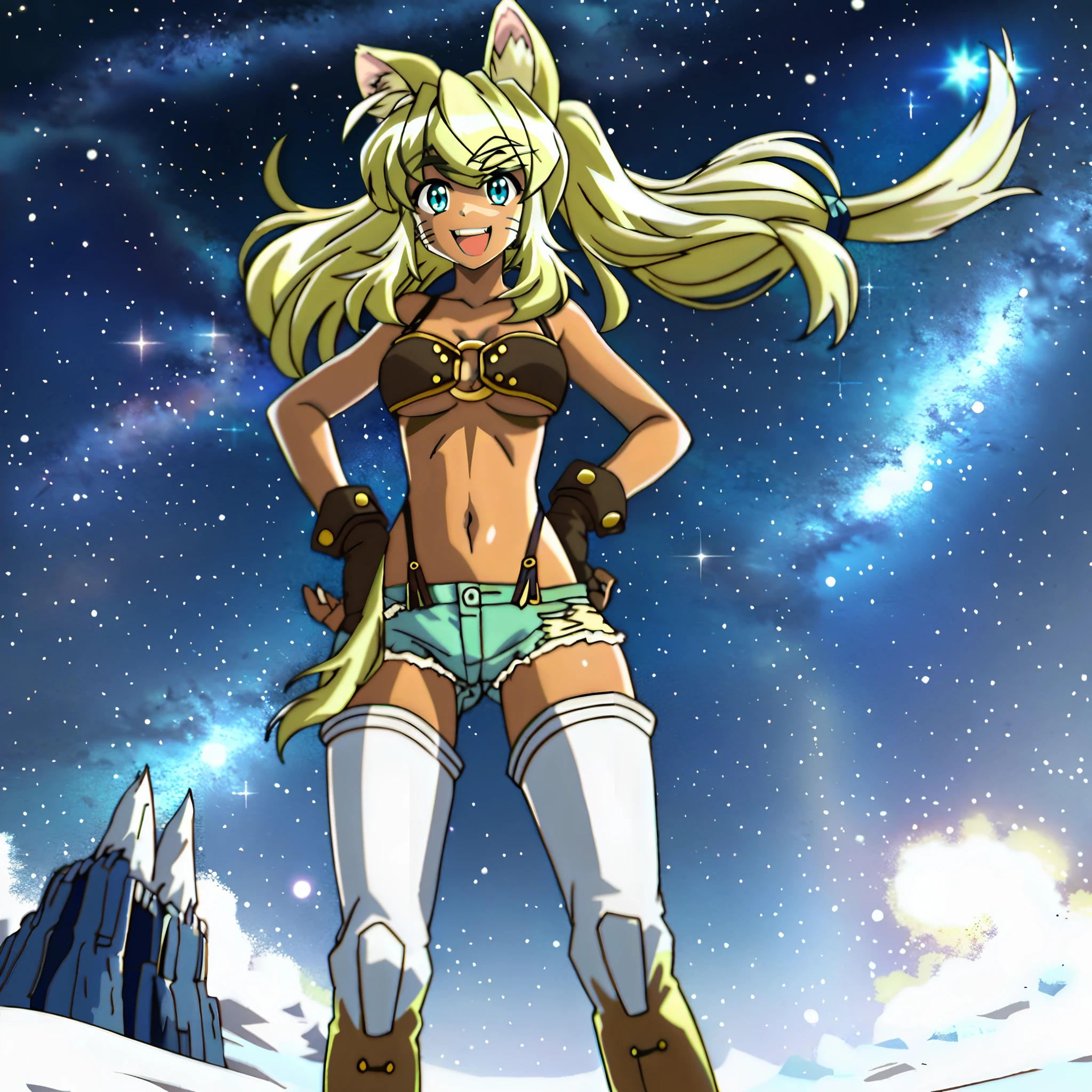 liru, 1girl, beltbra, shorts, denim_shorts, denim, thighhighs, underboob, breasts, gloves, night, hands_on_hips, sky, furry, short_shorts, navel, midriff, fingerless_gloves, from_below, night_sky, smile, grey_shorts, star_(sky), moon, cutoffs, outdoors, boots, thigh_boots, underwear, panties, starry_sky, blue_shorts, body_fur,, full body, smiling, open mouth, boots, full body, walking, big breast