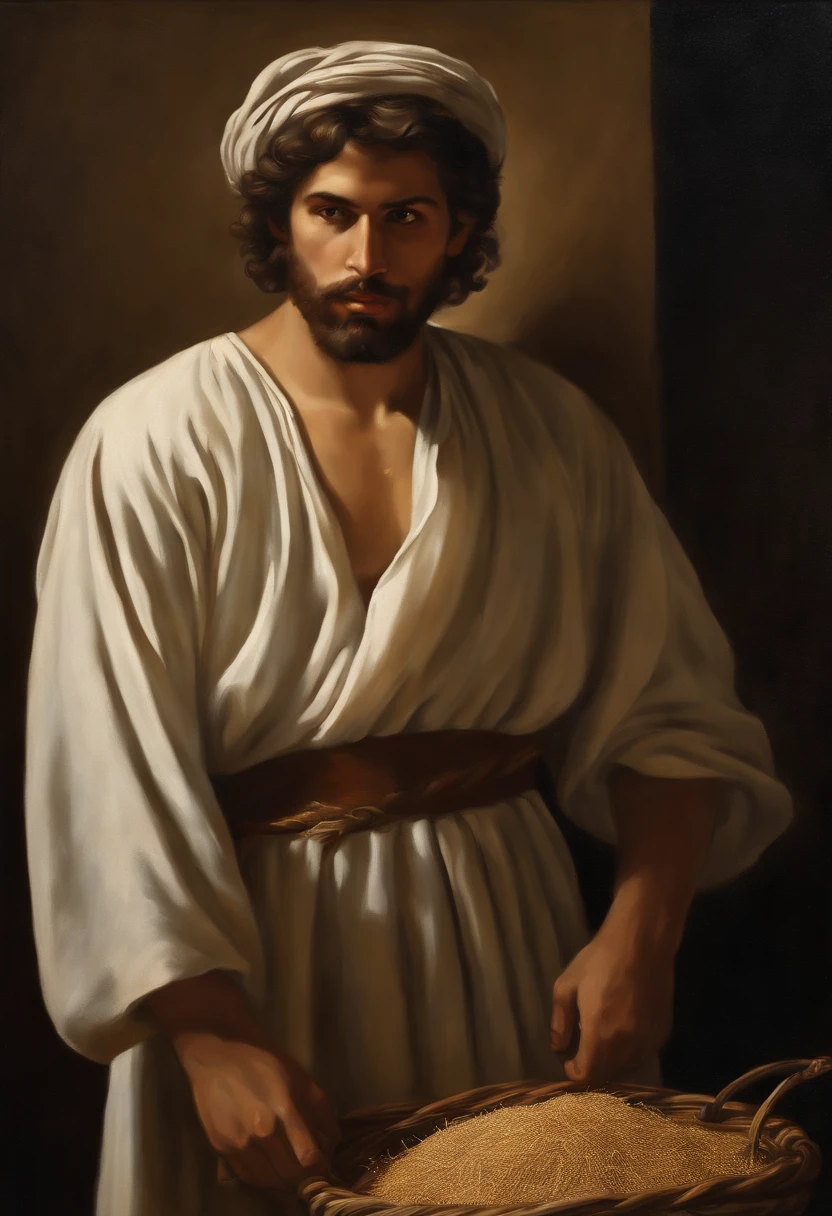 ma oil painting in the style of Caravaggio, Displaying a Hebrew man from biblical times, Dressed in typical Hebrew costumes. He finds himself inside a well filled with wheat, enquanto um anjo resplandecente paira acima dele. A obra apresenta um contraste marcante entre luz e sombra, intensificando a atmosfera sagrada e misteriosa da cena. Man's gaze is one of deep reverence and admiration at the appearance of the angel