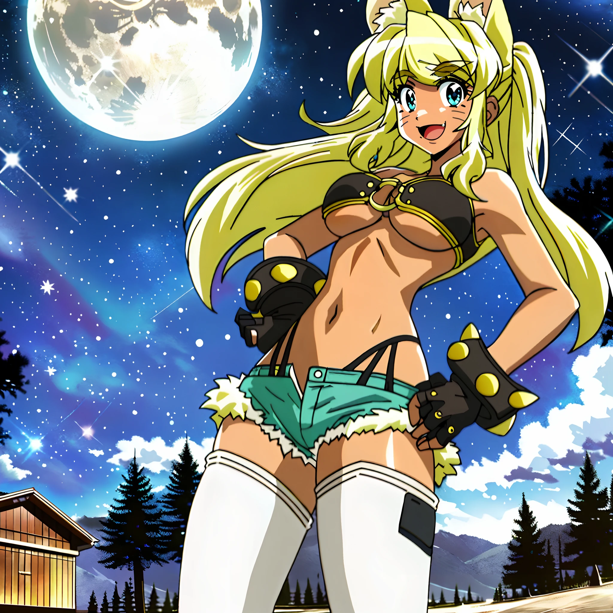 liru, 1girl, beltbra, shorts, denim_shorts, denim, thighhighs, underboob, breasts, gloves, night, hands_on_hips, sky, furry, short_shorts, navel, midriff, fingerless_gloves, from_below, night_sky, smile, grey_shorts, star_(sky), moon, cutoffs, outdoors, boots, thigh_boots, underwear, panties, starry_sky, blue_shorts, body_fur,, full body, smiling, open mouth, boots, full body, walking, big breast