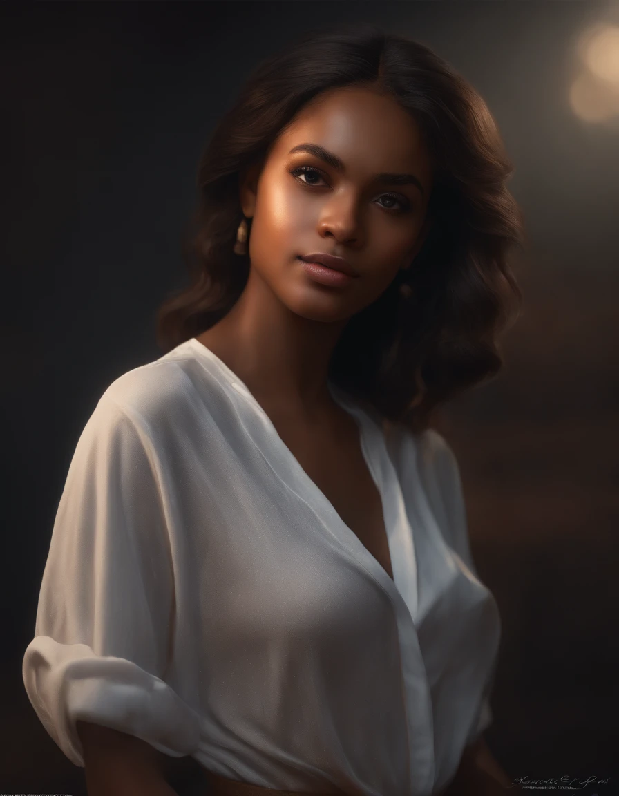 1girl, (Realistic:1.3), standing, Photo, gorgeous, feminine,solo, realism, cute shirt, dark background, oil painting, masterpiece, diffuse soft film lighting, portrait, best quality (perfect face:1.4), ultra-realistic highly detailed intricate realistic simulation style photo sharply focused on eyes, cinematic lighting, dark skin, beautiful,