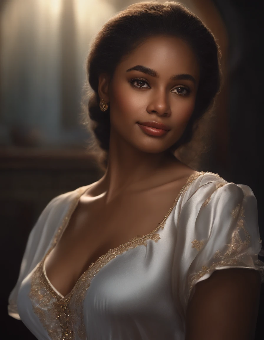 1girl, (Realistic:1.3), standing, Photo, gorgeous, feminine,solo, realism, cute shirt, dark background, oil painting, masterpiece, diffuse soft film lighting, portrait, best quality (perfect face:1.4), ultra-realistic highly detailed intricate realistic simulation style photo sharply focused on eyes, cinematic lighting, dark skin, beautiful,