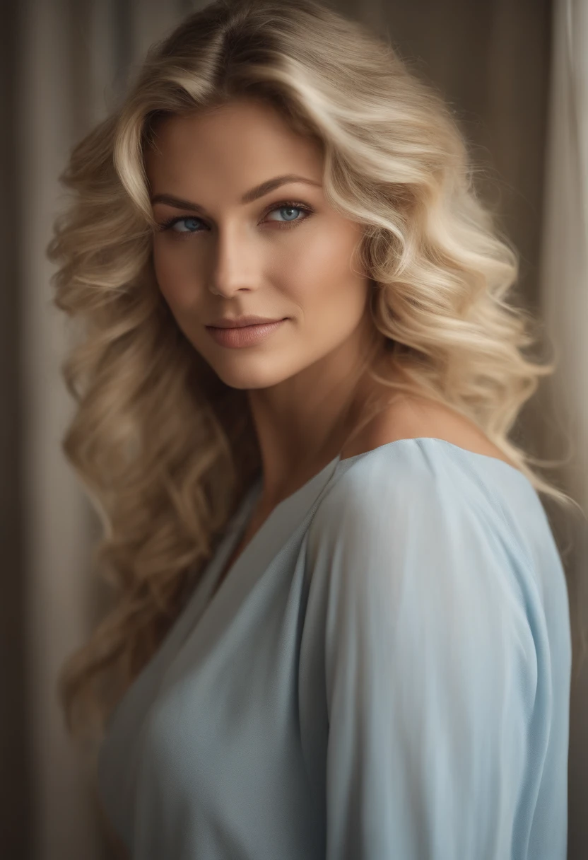 une femme avec un corp parfait, cheveux blond onduleux, light blue eyes very pretty well defined , contour noir yeux, sein parfait, corp parafait, tenue moulant, white skin color slightly tan no pimples, pose photo, regarde en direction de la camera, forme du visage parfaite et fin, nez fin parfait, serious, very light smile concentrate, very realistic person, ultra