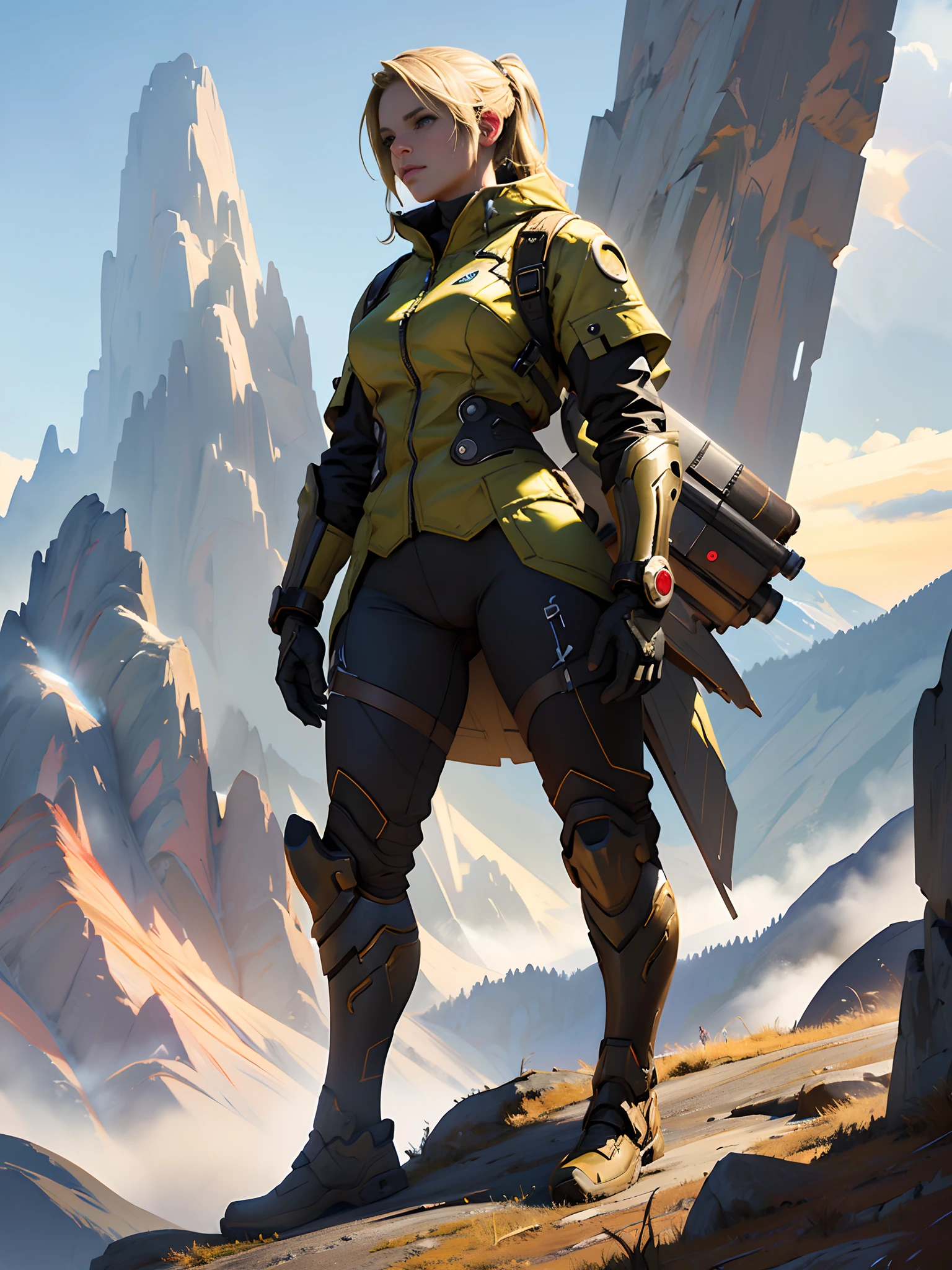 (masterpiece, best quality:1.3) ValkyrieProfileAlicia, 1girl, solo, blonde hair, full body, standing in front of a beautiful landscape mountain landscape, sci-fi, highly detailed, digital painting, artstation, concept