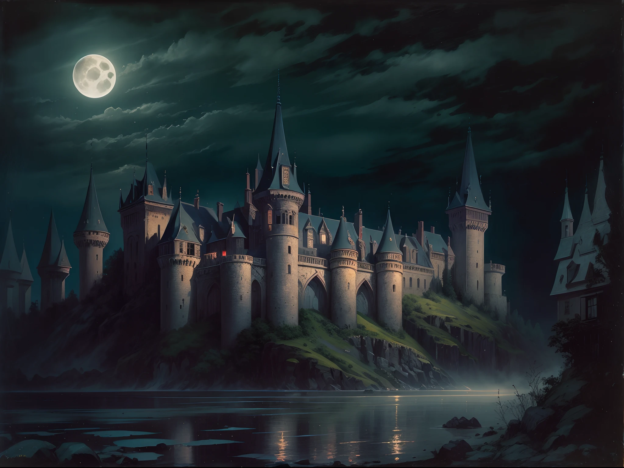 Gothic painting of an ancient castle at night, with a full moon, and deep shadows