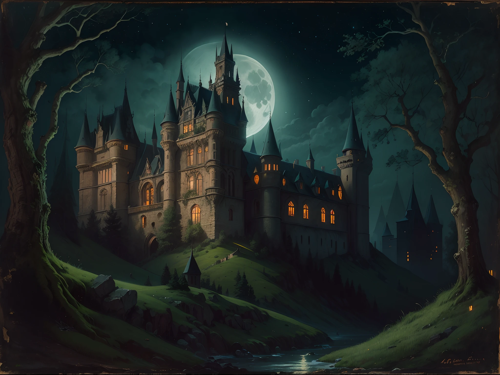 Gothic painting of an ancient castle at night, with a full moon, and deep shadows