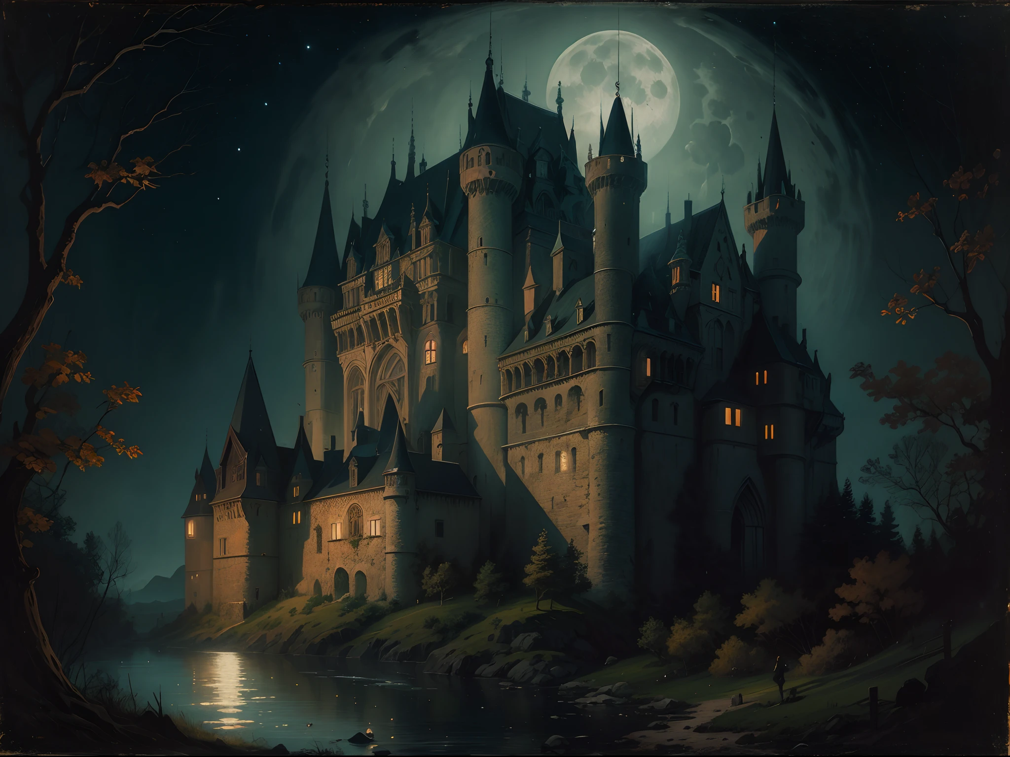 Painting of a castle with a full moon in the background - SeaArt AI