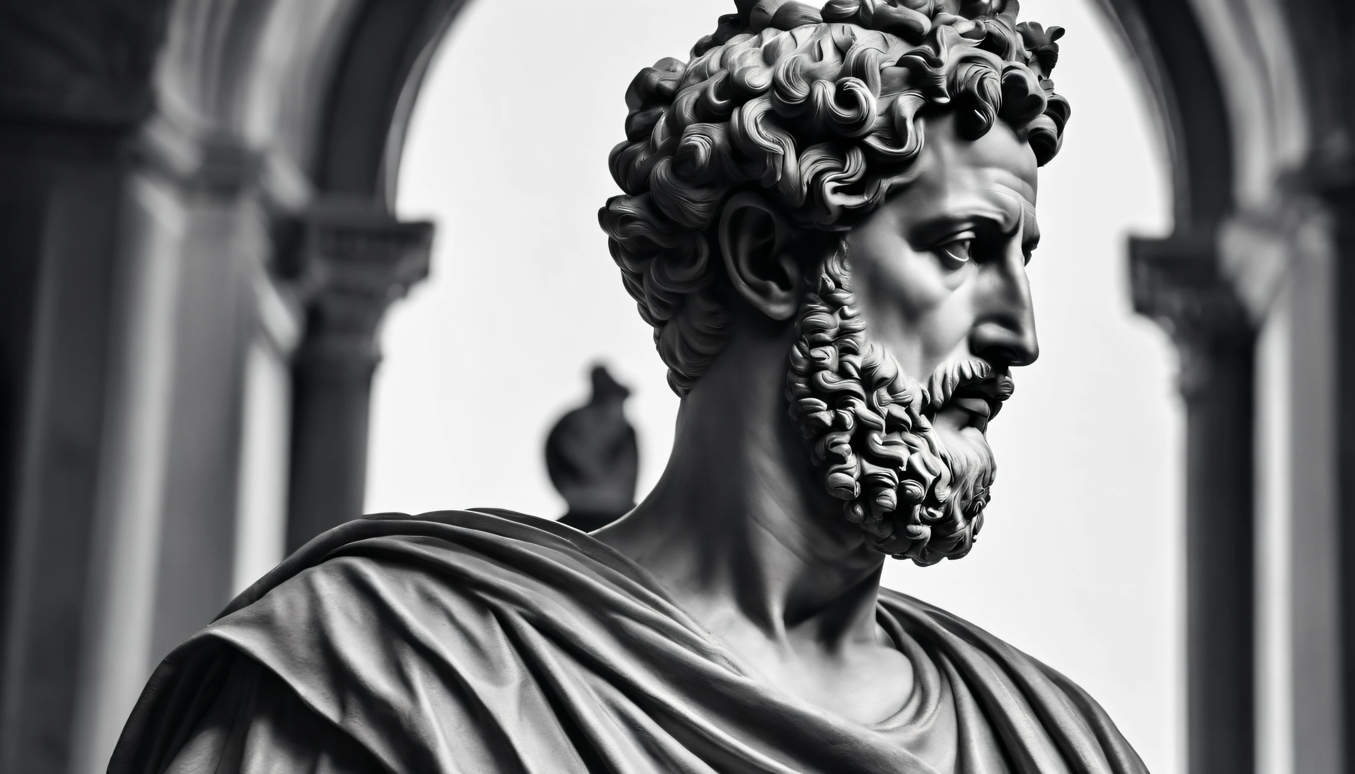 a portrait statue of the stoic Marcus Aurelius in black and white 4K,Face de lado, papel de parede super realista