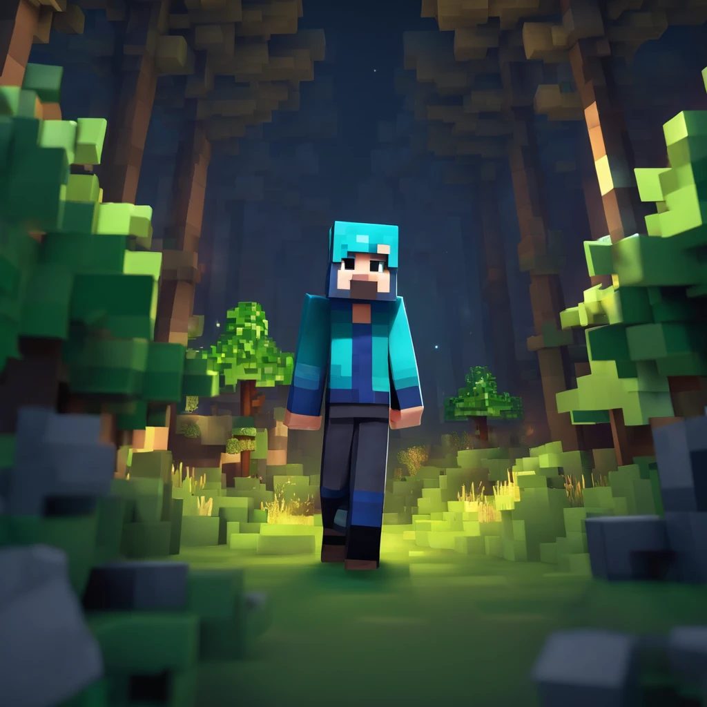 minecraft character, DanTDM skin, walking through a forest, midnight