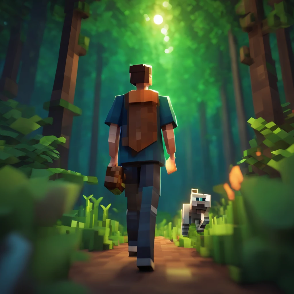 minecraft character, DanTDM skin, walking through a forest, midnight