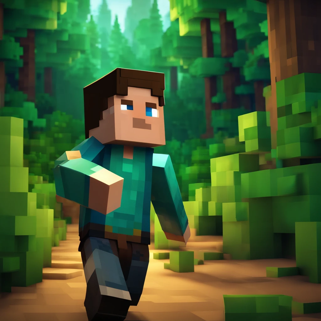 minecraft character, DanTDM skin, walking through a forest, midnight