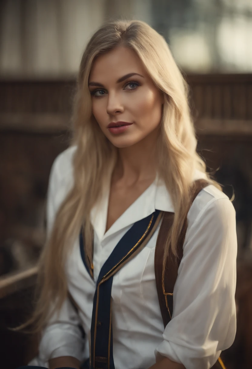 Blonde with double ponytail with bangs, wearing school uniform, big breasts, cleavage, perfect face, realism