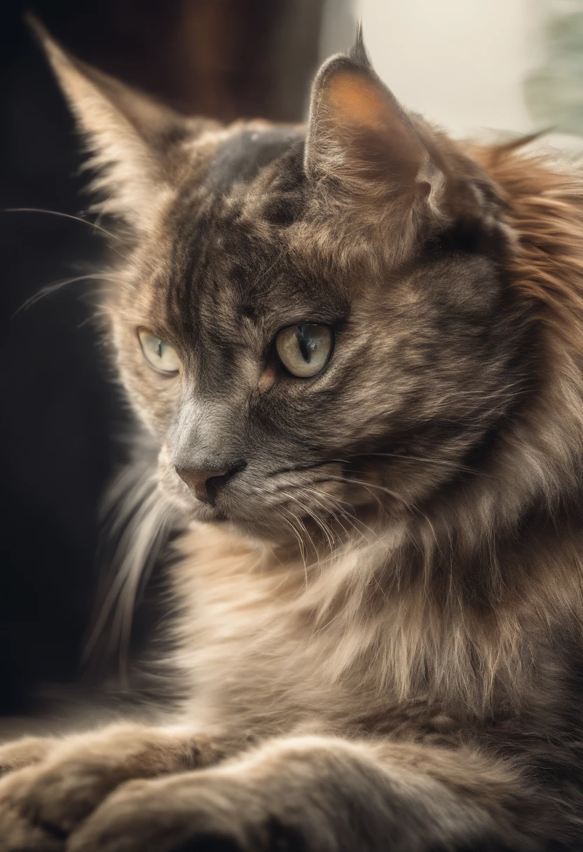 A mixed cat and dog: playful cat chasing a tennis ball, wagging dog tail, curious cat ears, fluffy dog fur, mischievous cat eyes, friendly dog nose, cat and dog friendship, indoor setting, vibrant colors, realistic fur textures, high-resolution and fine details, soft lighting, pet owners' delight, joyful atmosphere, furry companions, cozy home. [cat-like eyes], [dog with wagging tail], (vivid colors), (high resolution), (soft lighting), (realistic fur textures)